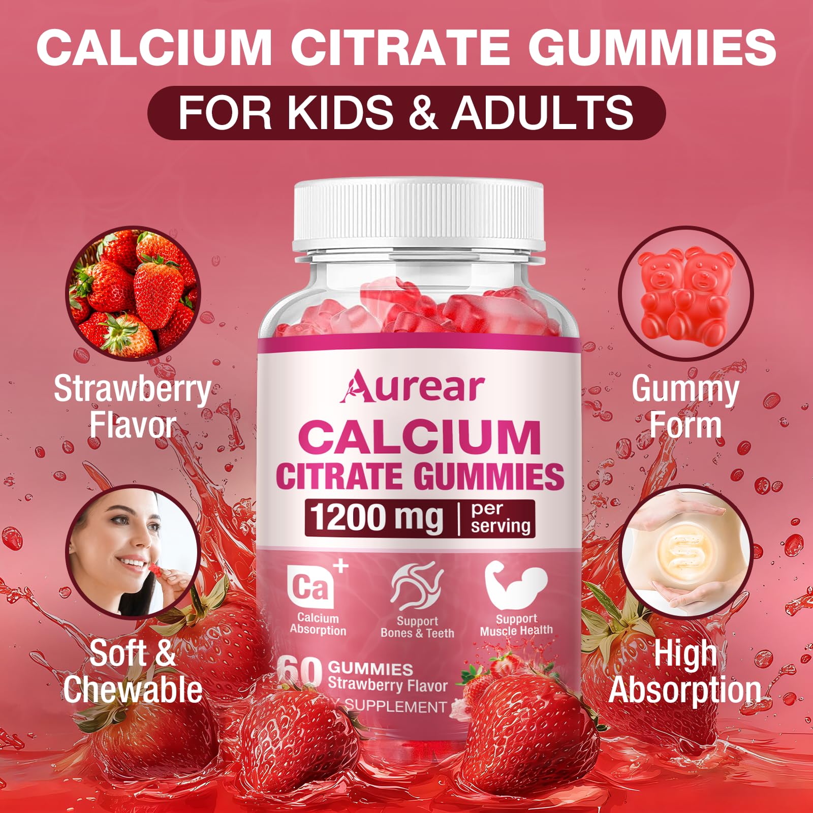 Close-up of Aurear Calcium Citrate Gummies showing texture