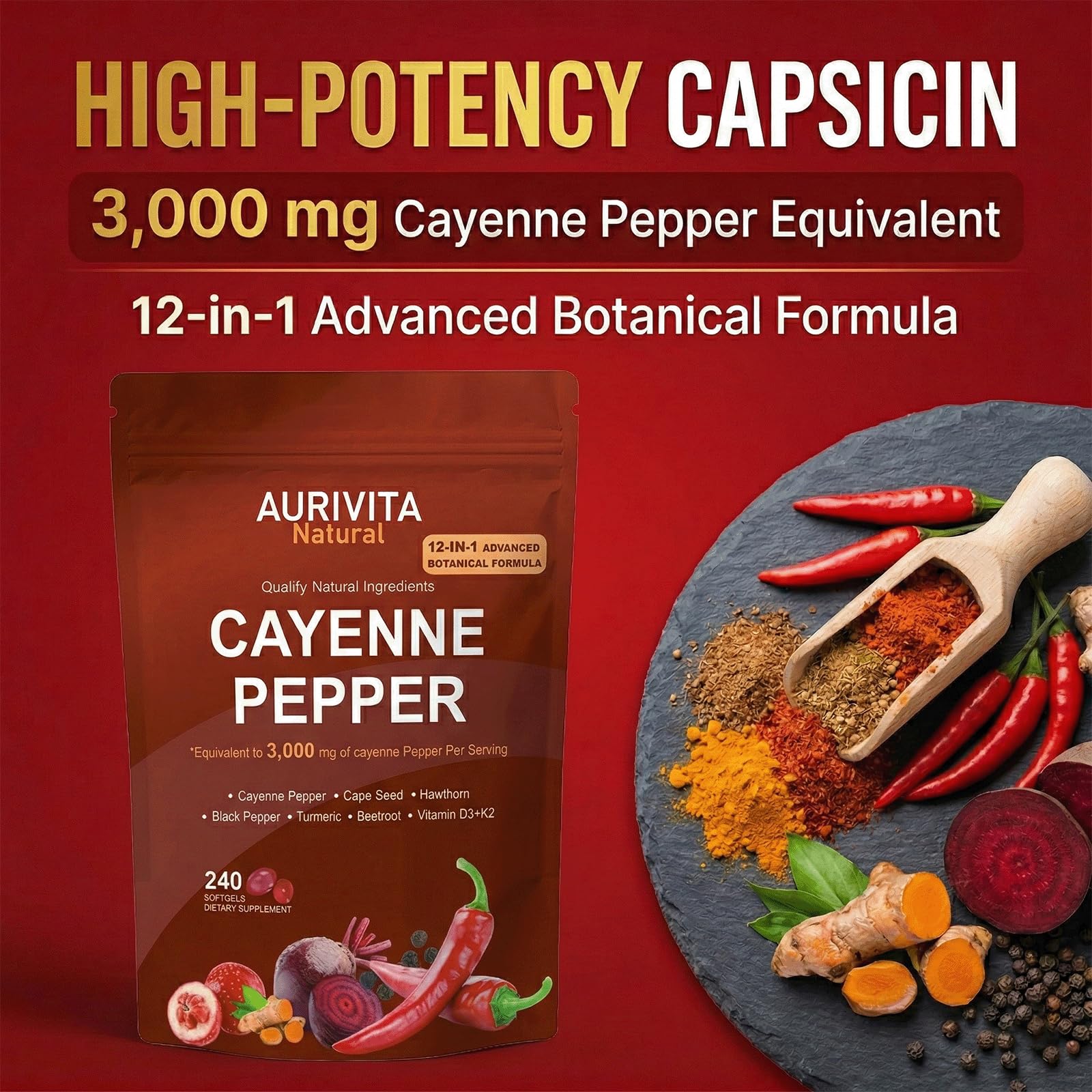 Close-up of Aurivita Natural Capsaicin Softgels capsules
