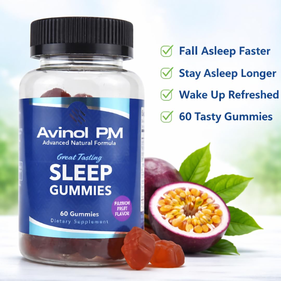 Close-up of Avinol PM Sleep Gummies showing gummy texture and colour