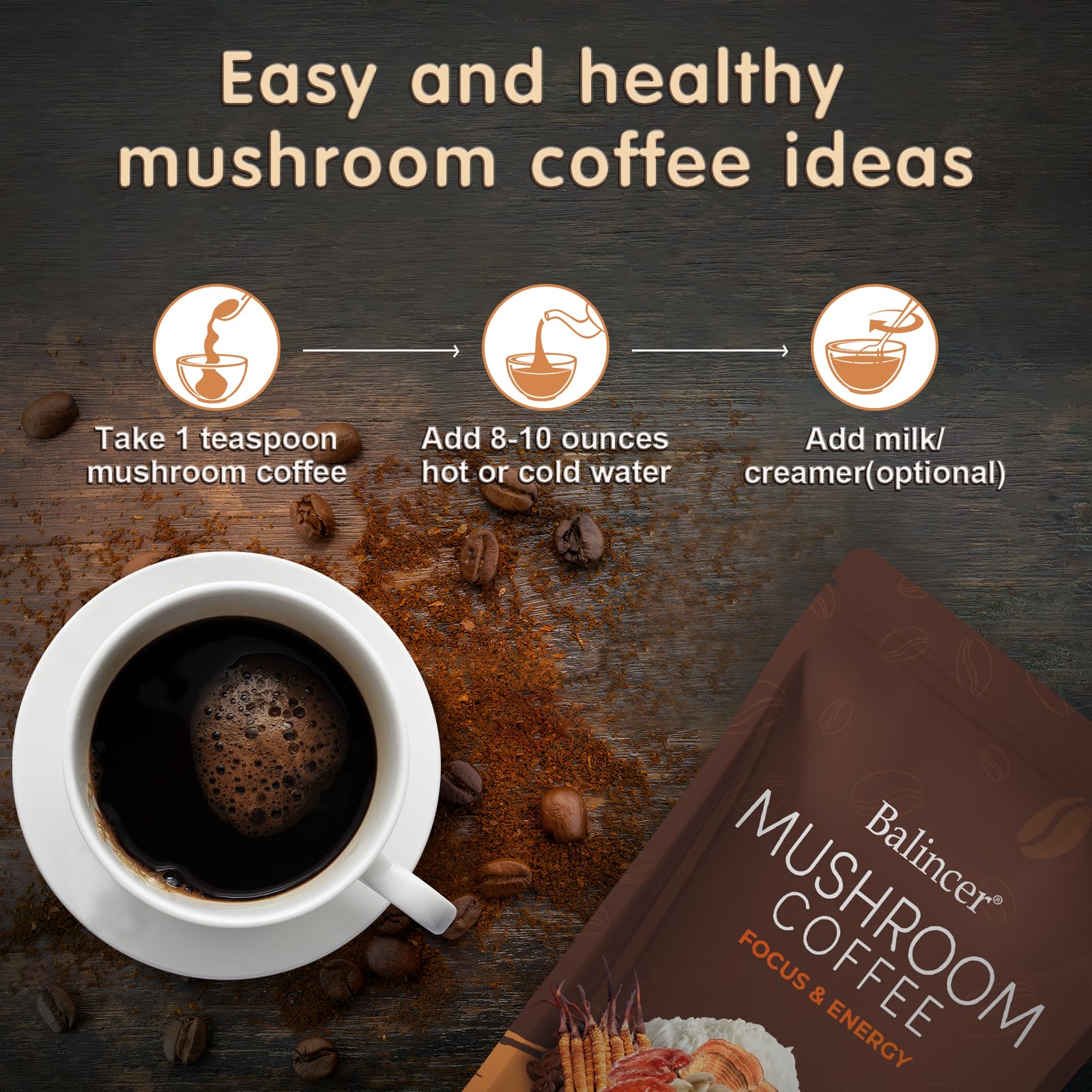 Close-up of Balincer Mushroom Coffee ingredients