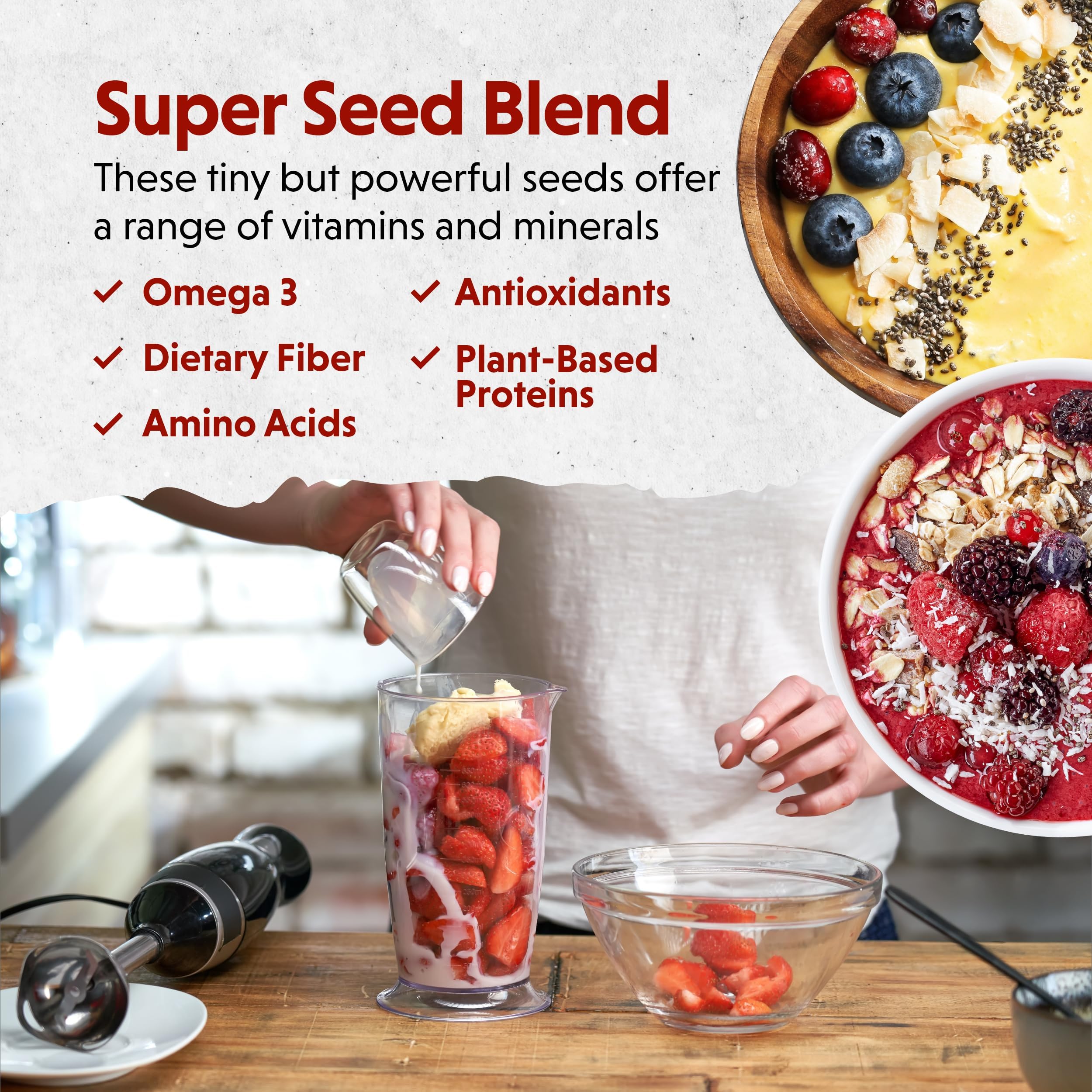 Close-up of Barlean's Multi Seed Blend organic flaxseeds, chia seeds, and coconut