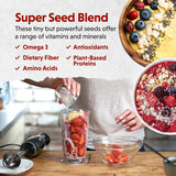 Close-up of Barlean's Multi Seed Blend organic flaxseeds, chia seeds, and coconut