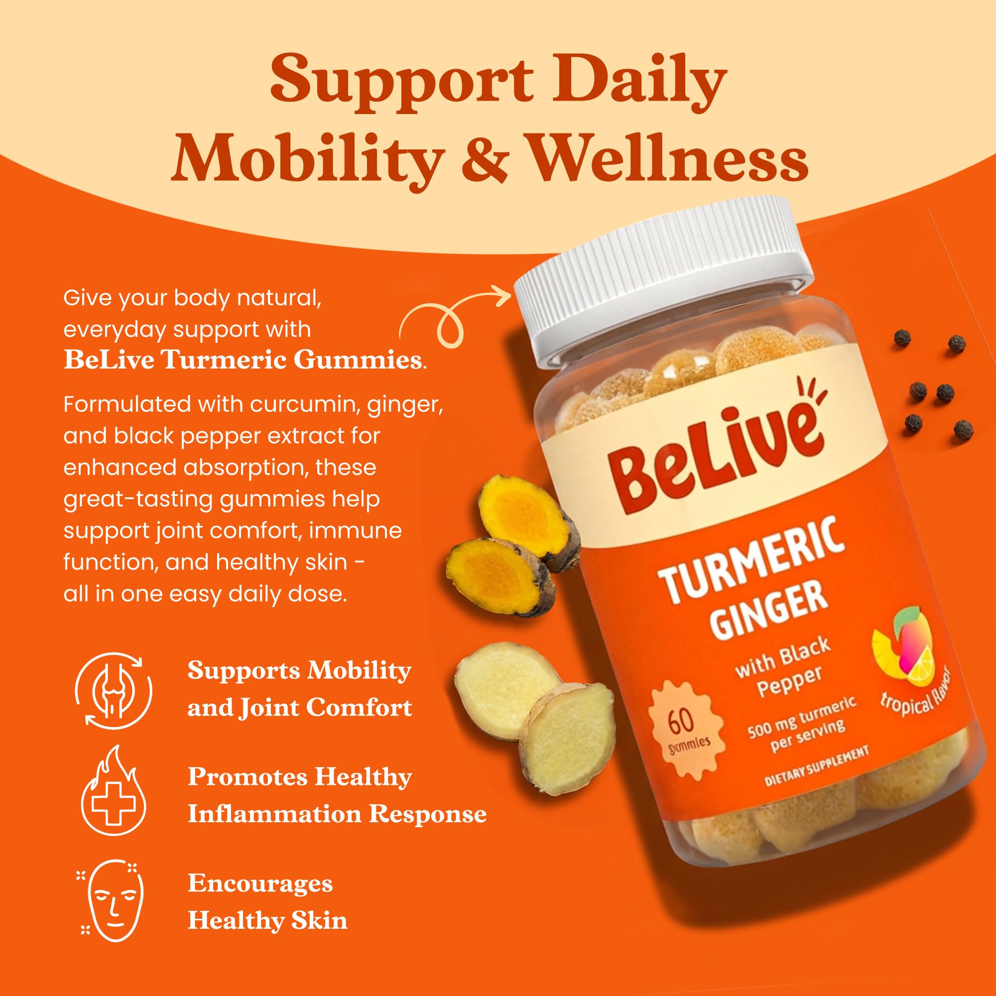 Close-up of BeLive Turmeric Gummies with ginger and black pepper