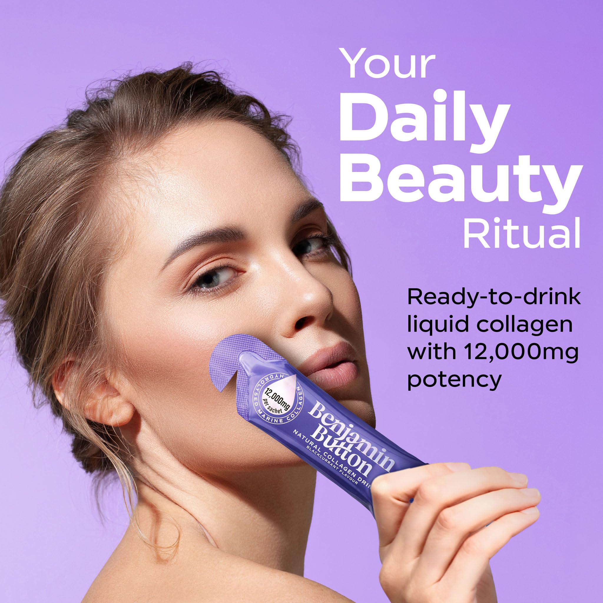 Close-up of Benjamin Button Collagen Supplement liquid with blackcurrant flavour