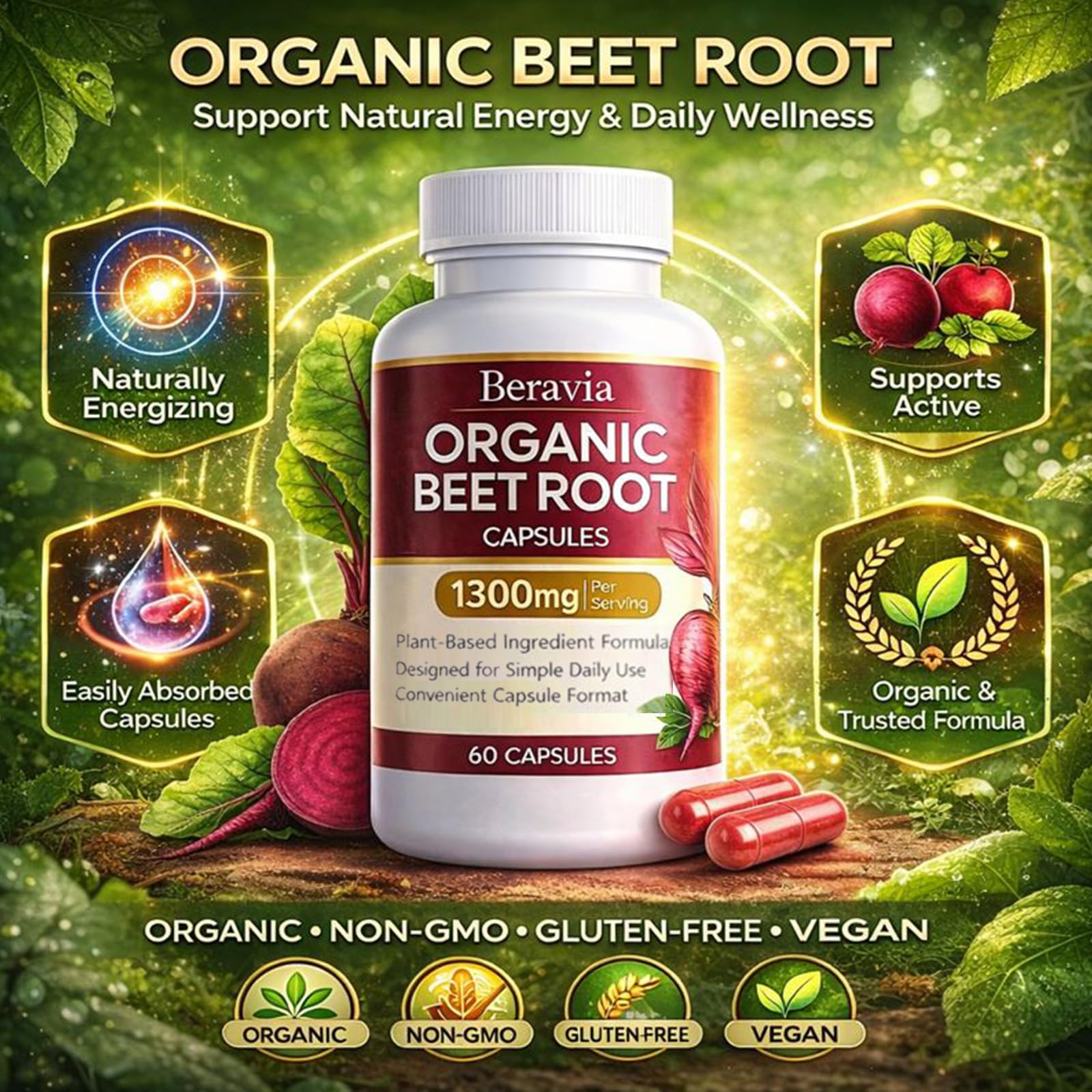 Close-up of Beravia Organic Beetroot Capsules showing capsule details