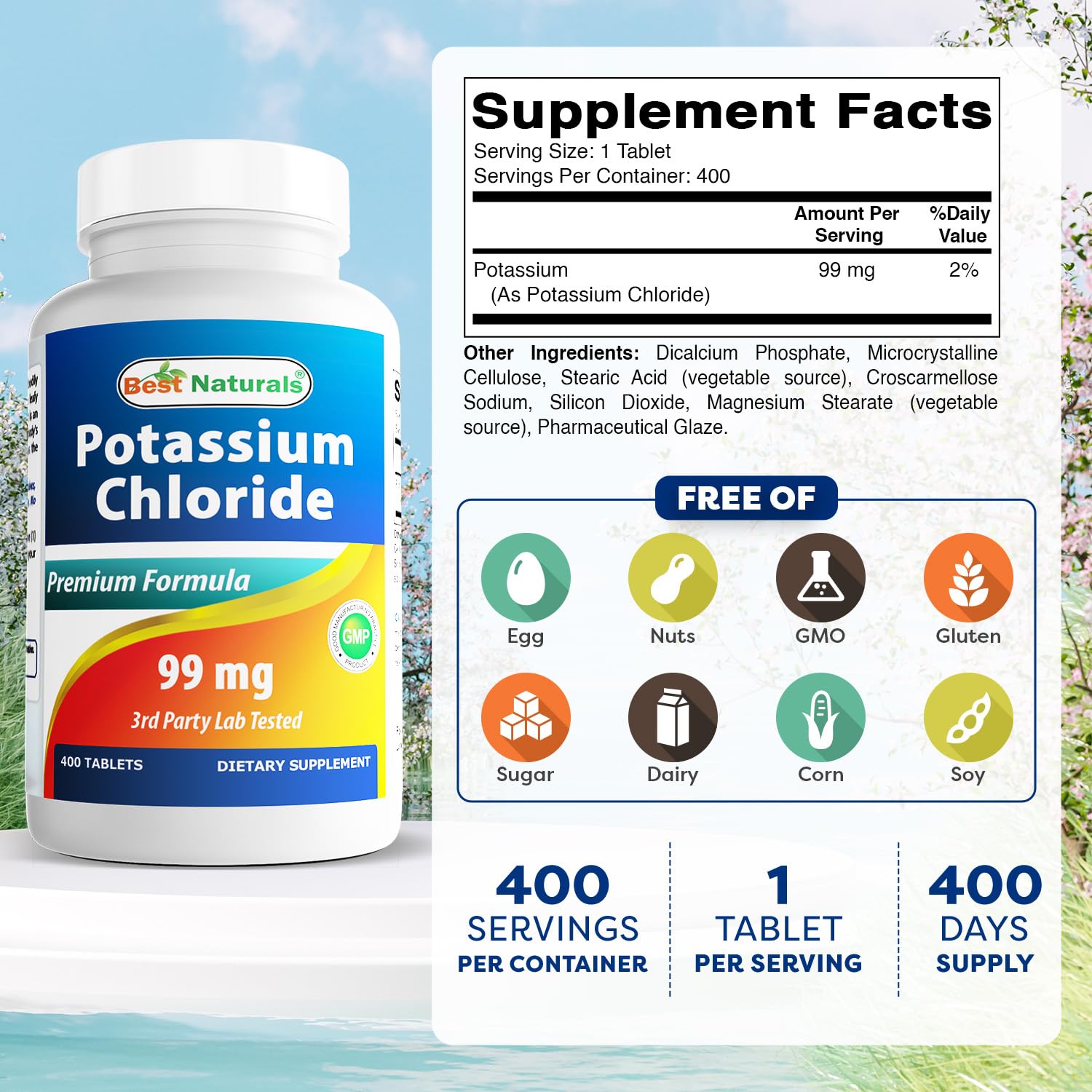 Close-up of Best Naturals Potassium Tablets showing dosage information