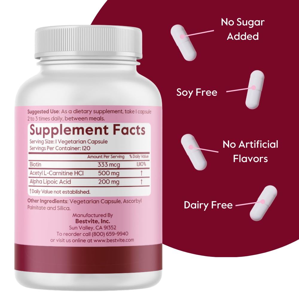 Close-up of BESTVITE Acetyl L-Carnitine & Alpha Lipoic Acid capsules