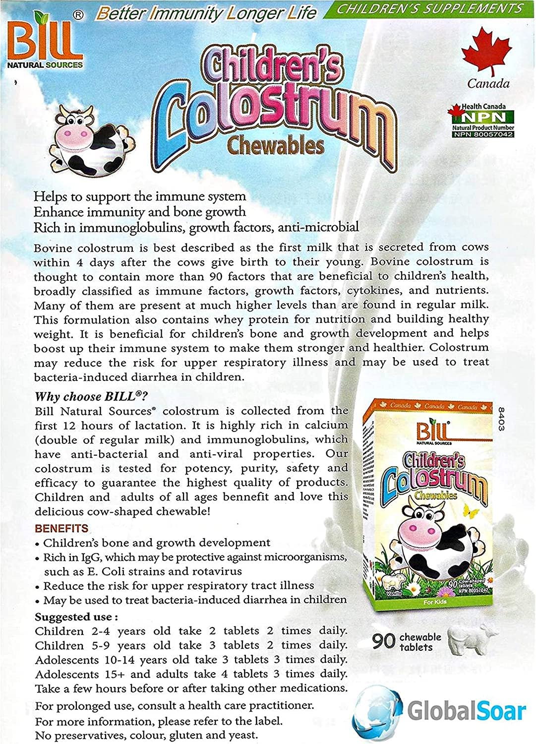 Close-up of Bill Natural Sources Children's Colostrum Chewable Tablets