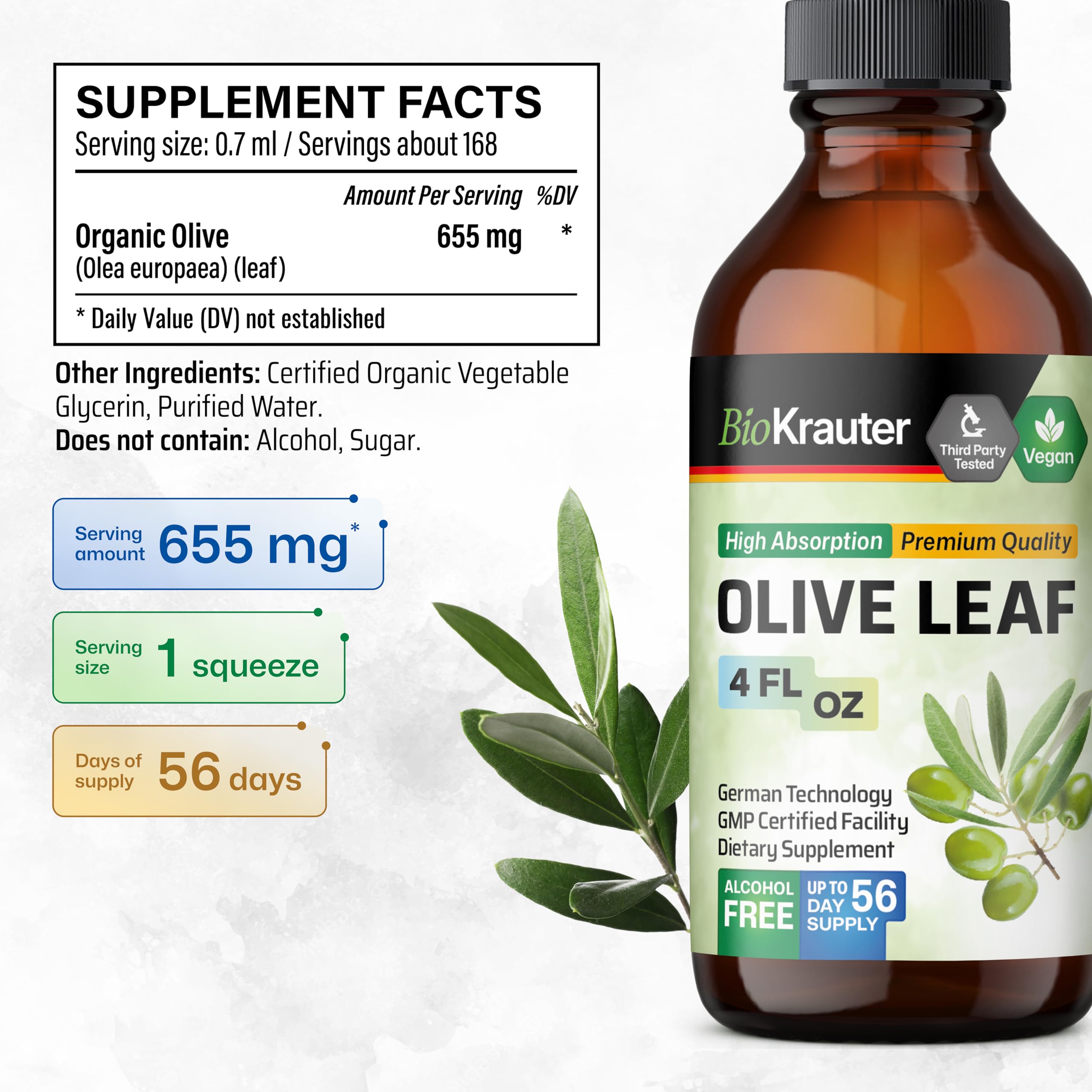 Close-up of BIO KRAUTER Olive Leaf Extract Liquid dropper