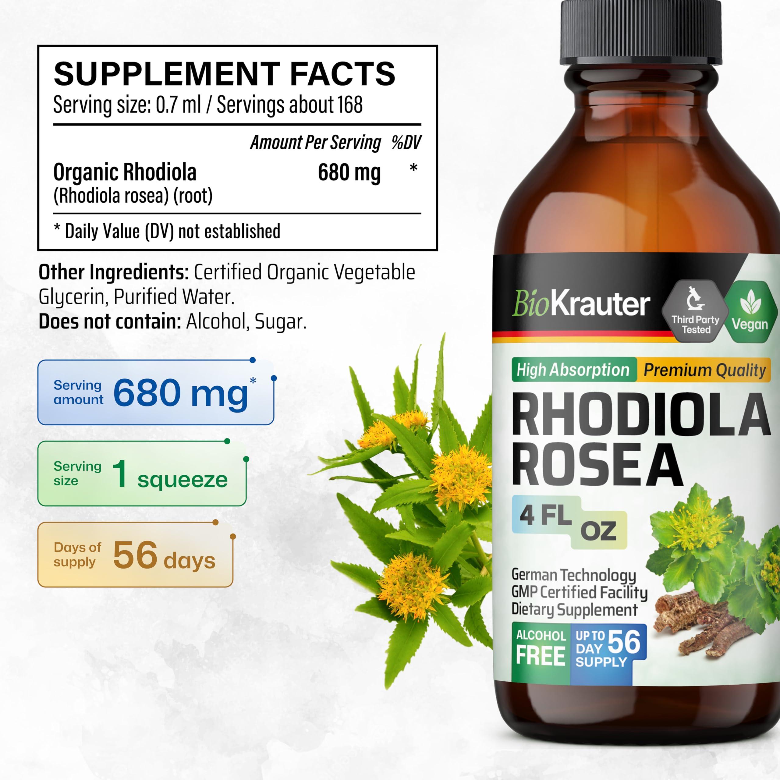 Close-up of BIO KRAUTER Rhodiola Rosea liquid drops with dropper