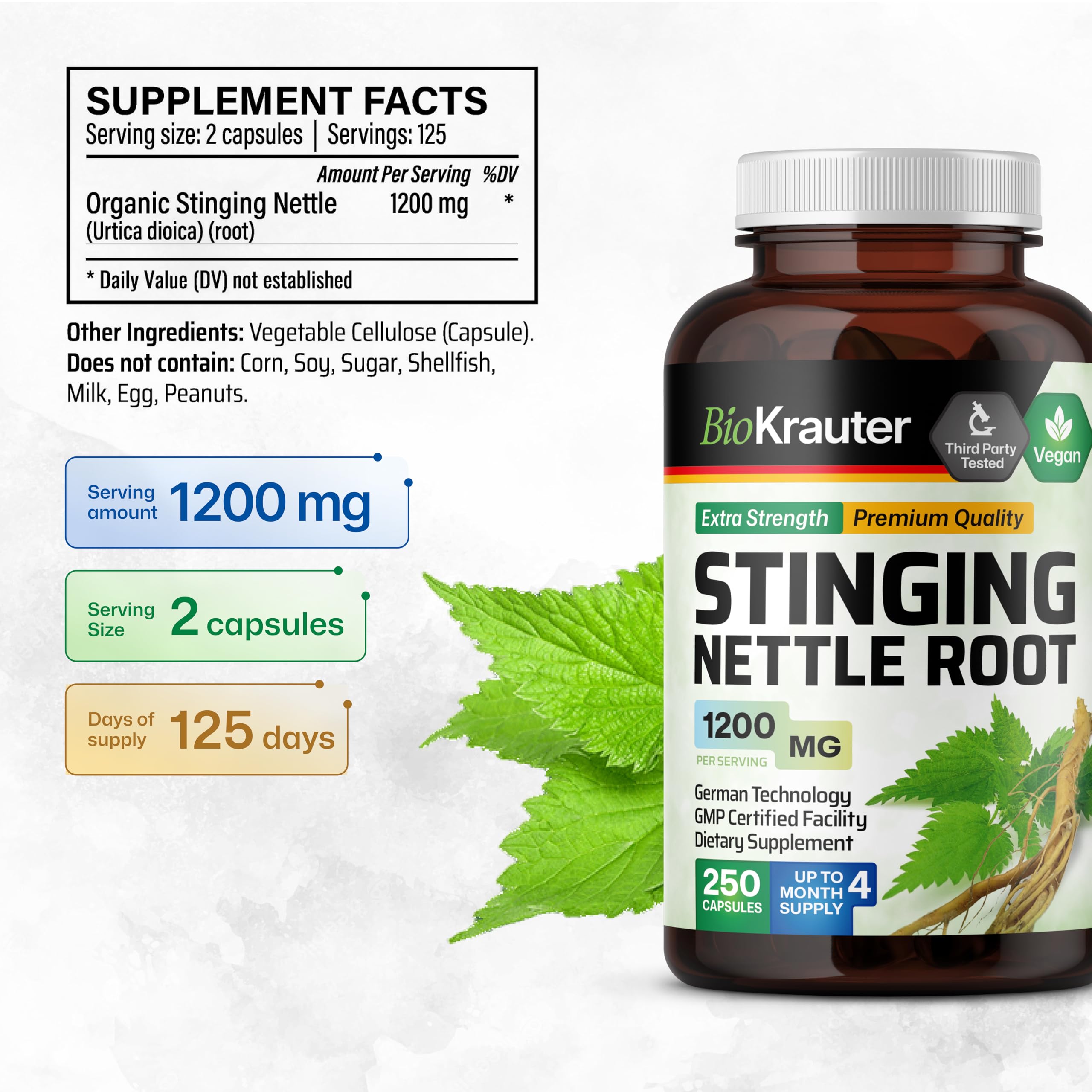Close-up of BIO KRAUTER Stinging Nettle Capsules showing capsules