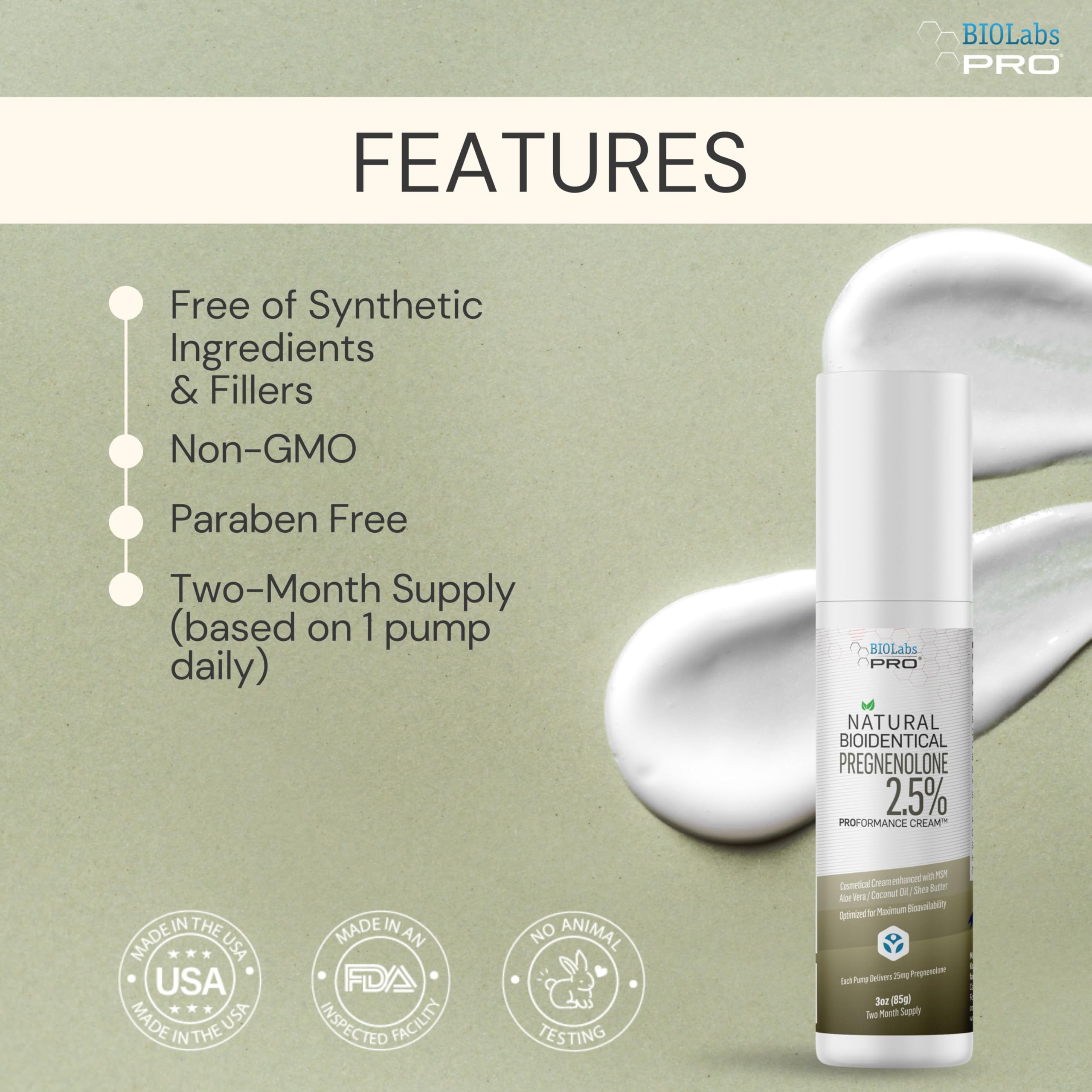 Close-up of BIOLABS PRO Pregnenolone Cream 2.5% ingredients list