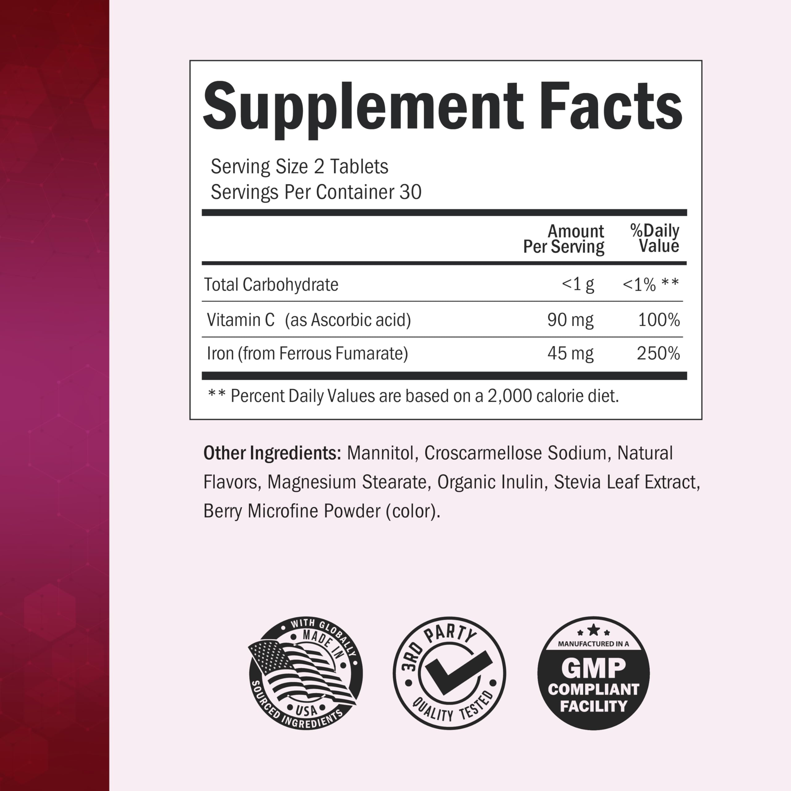 Close-up of BioSchwartz Chewable Iron & Vitamin C Tablets