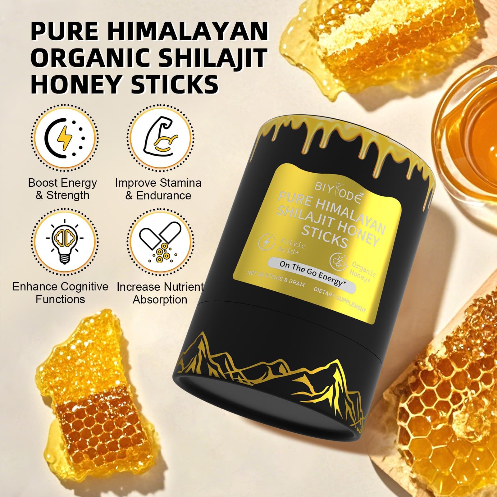 Close-up of BIYODE Shilajit + Honey Sticks showing individual sticks