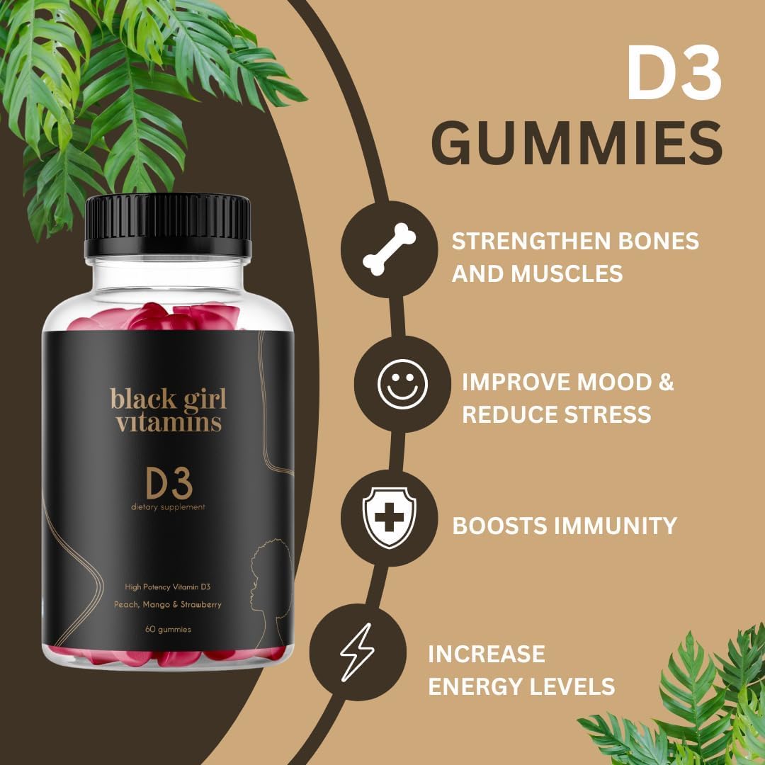 Close-up of Black Girl Vitamins D3 Gummies showing Peach, Mango, and Strawberry flavours
