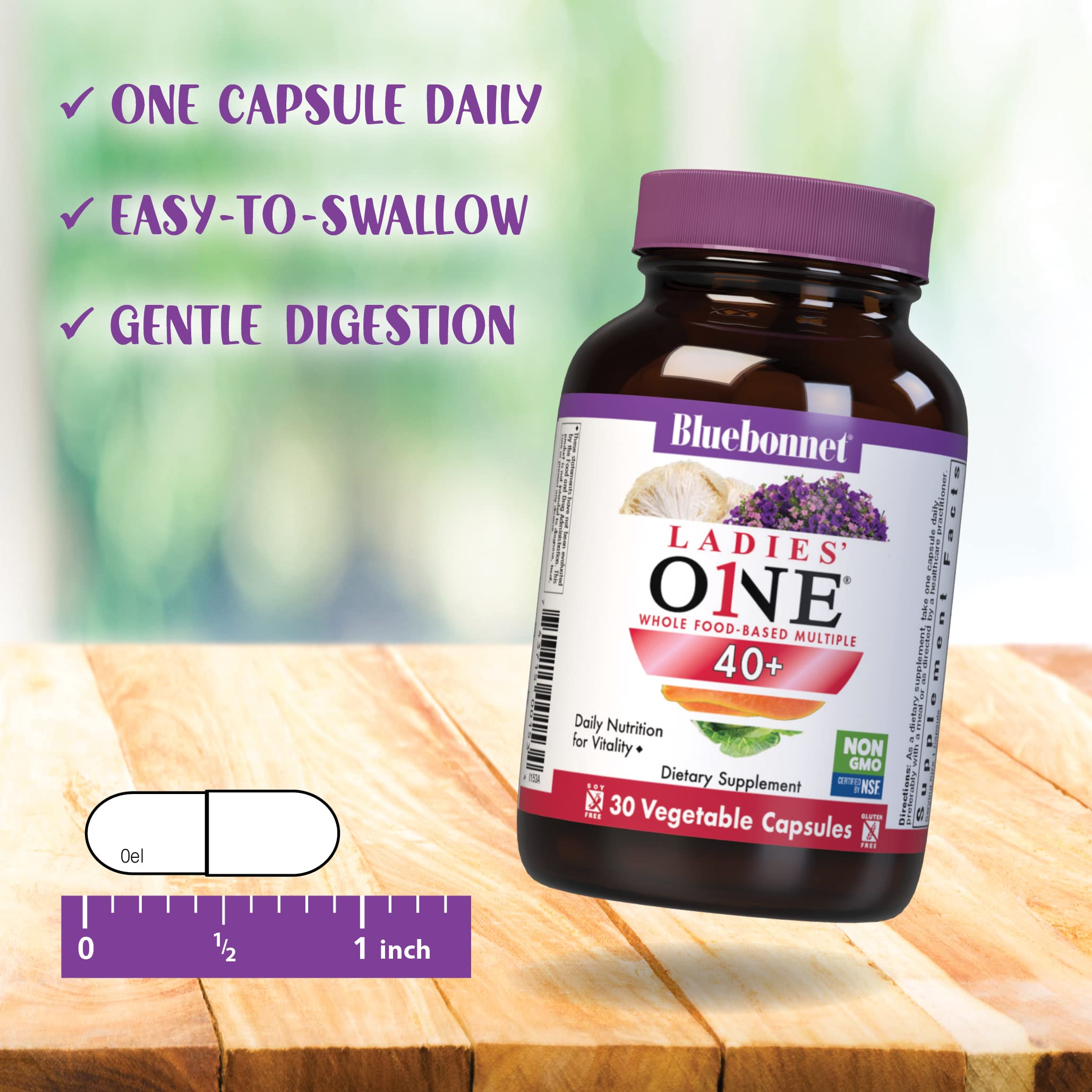 Close-up of BlueBonnet Ladies’ ONE 40+ Multivitamin capsules