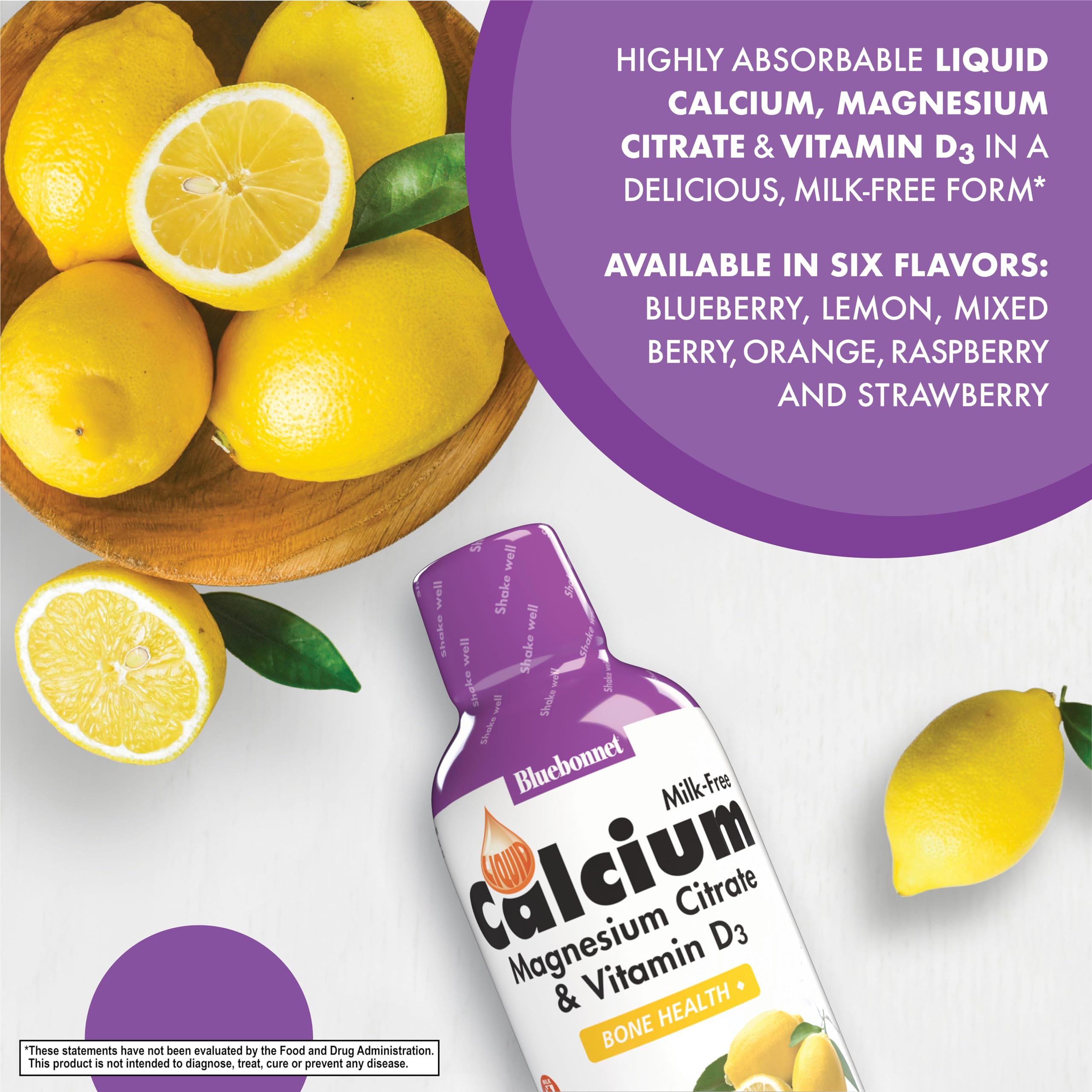 Close-up of BlueBonnet Liquid Calcium Citrate ingredients