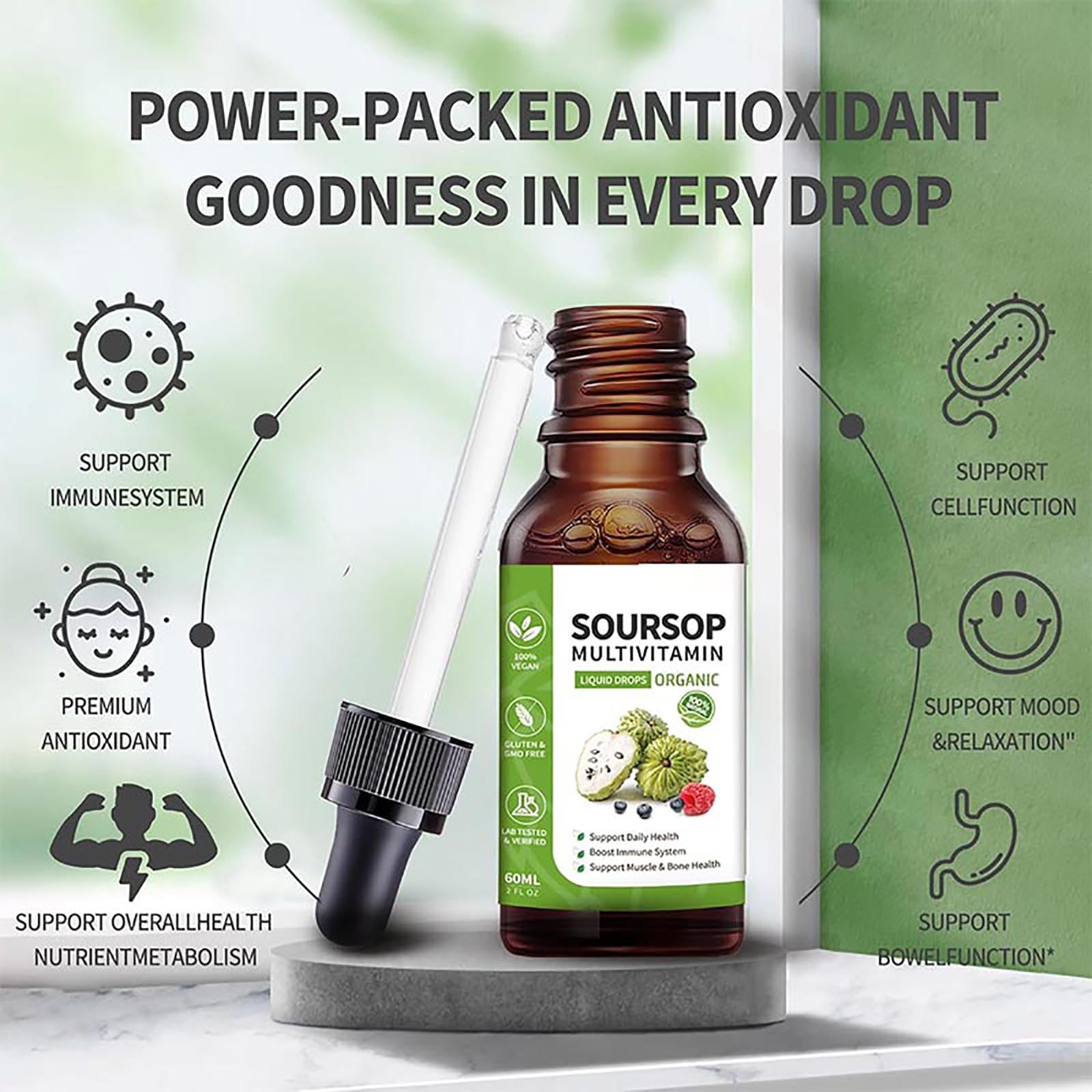 Close-up of bogomo Soursop Graviola Leaf Extract Liquid Drops dropper