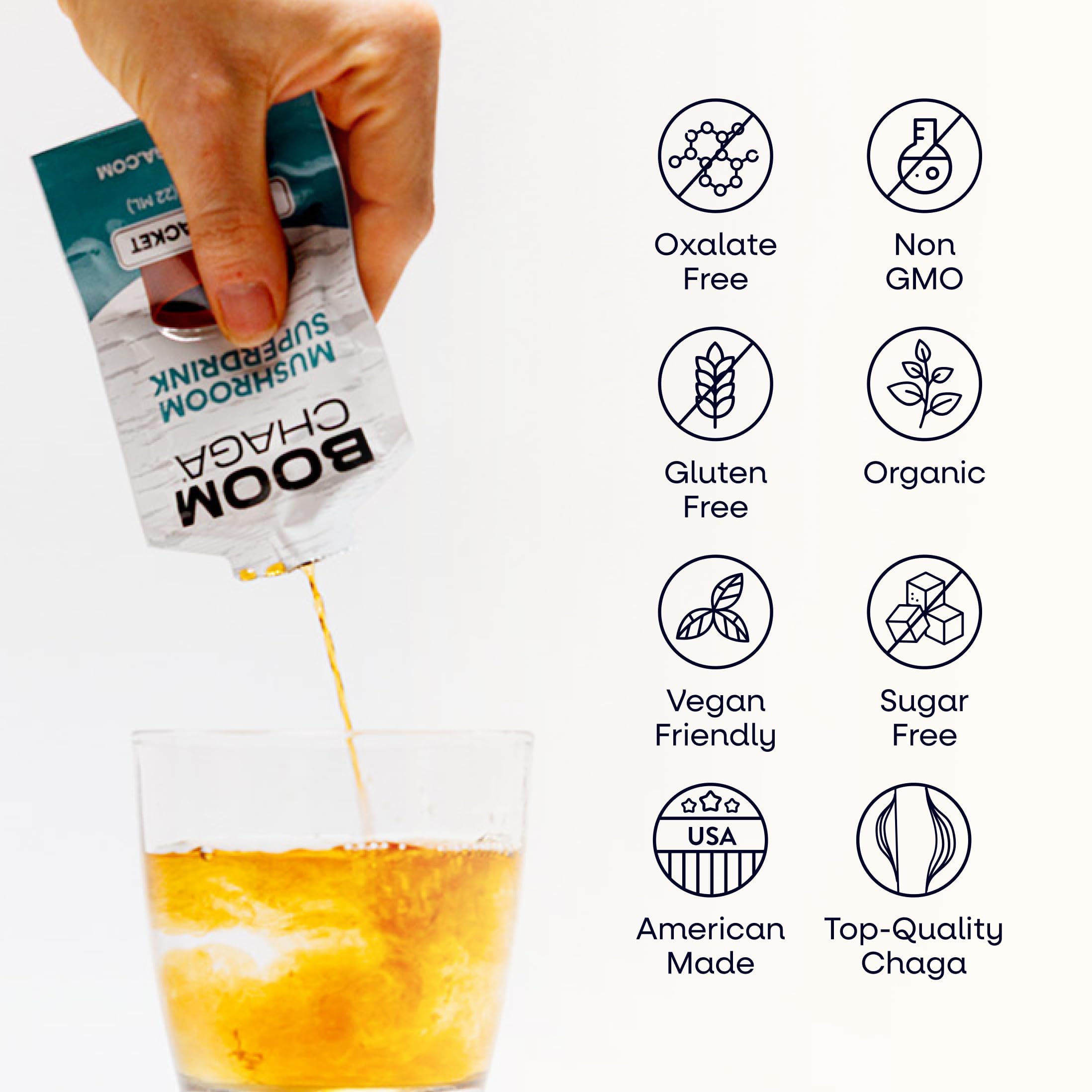 Close-up of BOOM Chaga Chaga Mushroom Liquid Concentrate packet