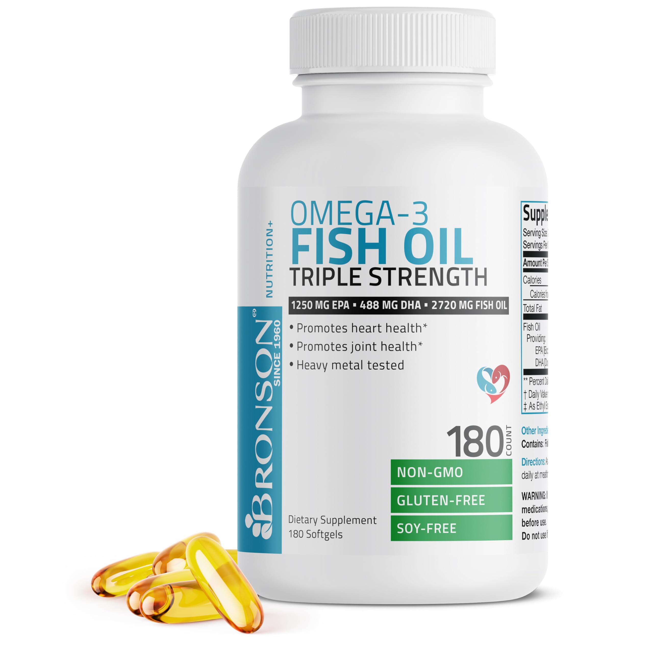 Close-up of Bronson Fish Oil supplement capsules