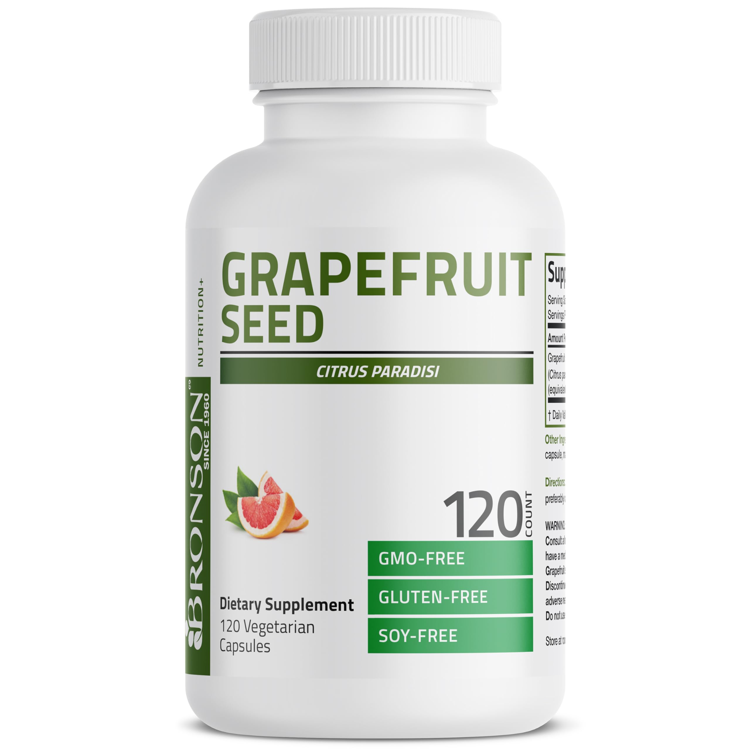 Close-up of Bronson Grapefruit Seed Extract capsules