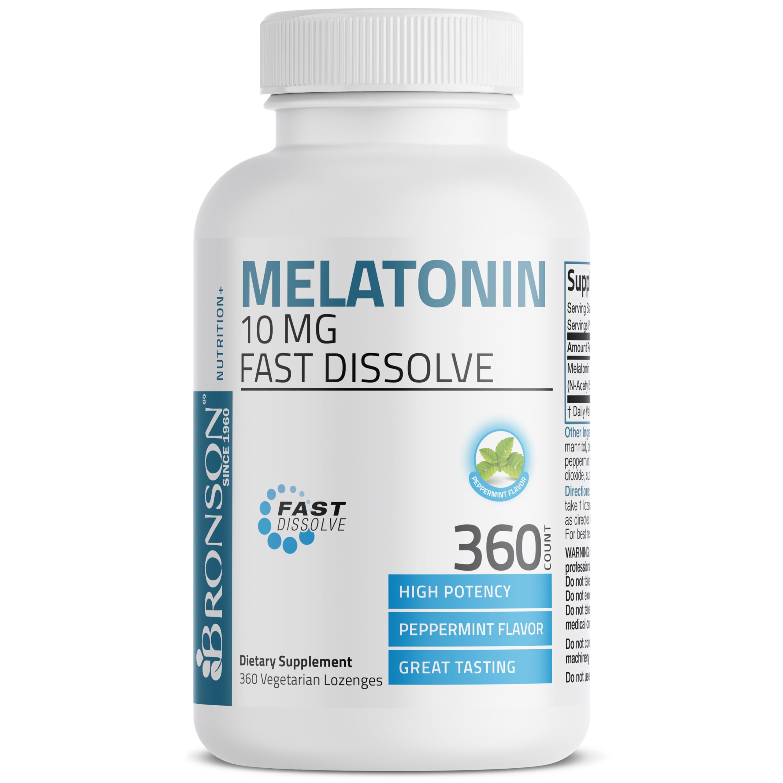 Close-up of Bronson Melatonin tablet with peppermint flavour