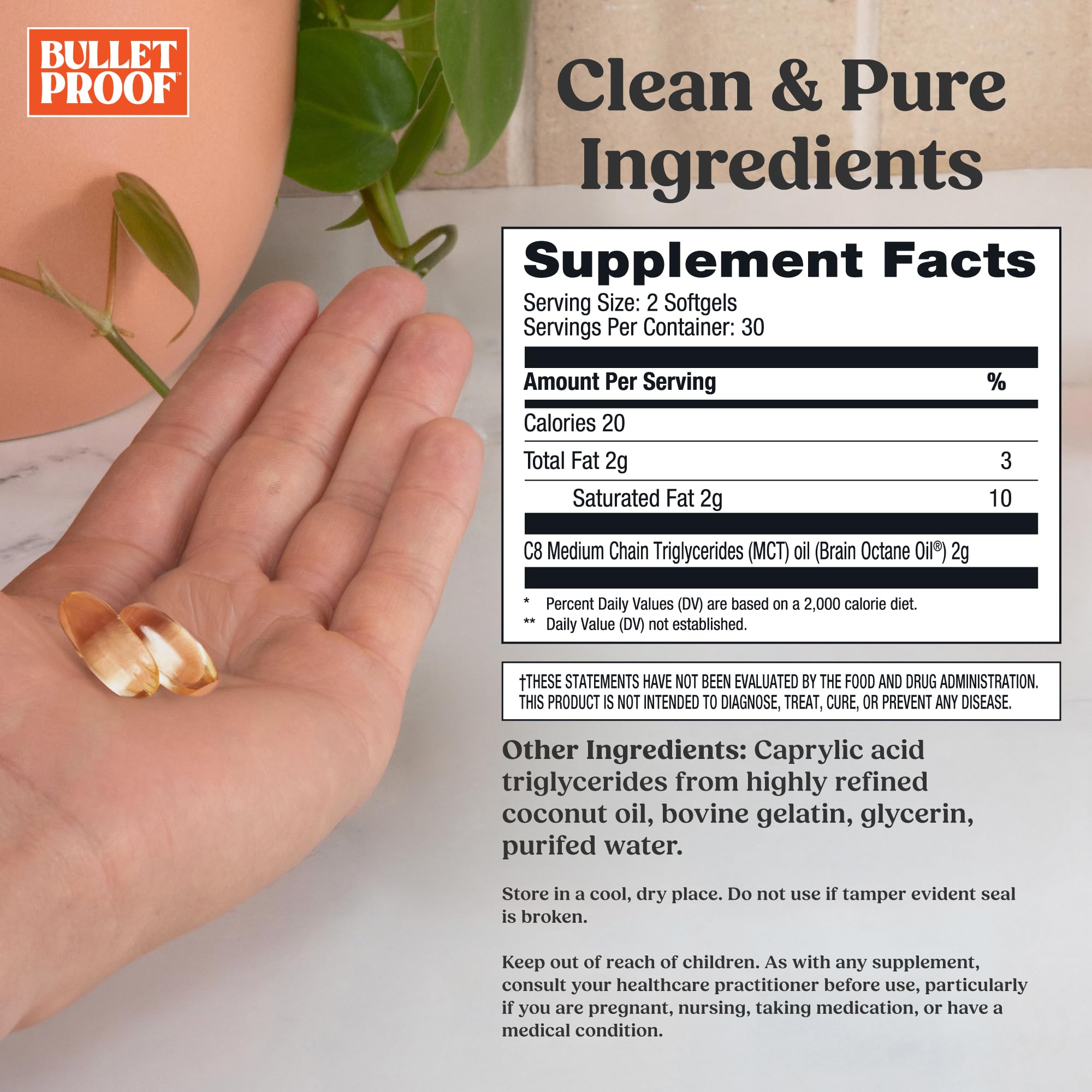 Close-up of Bulletproof Brain Octane Oil Softgels capsules