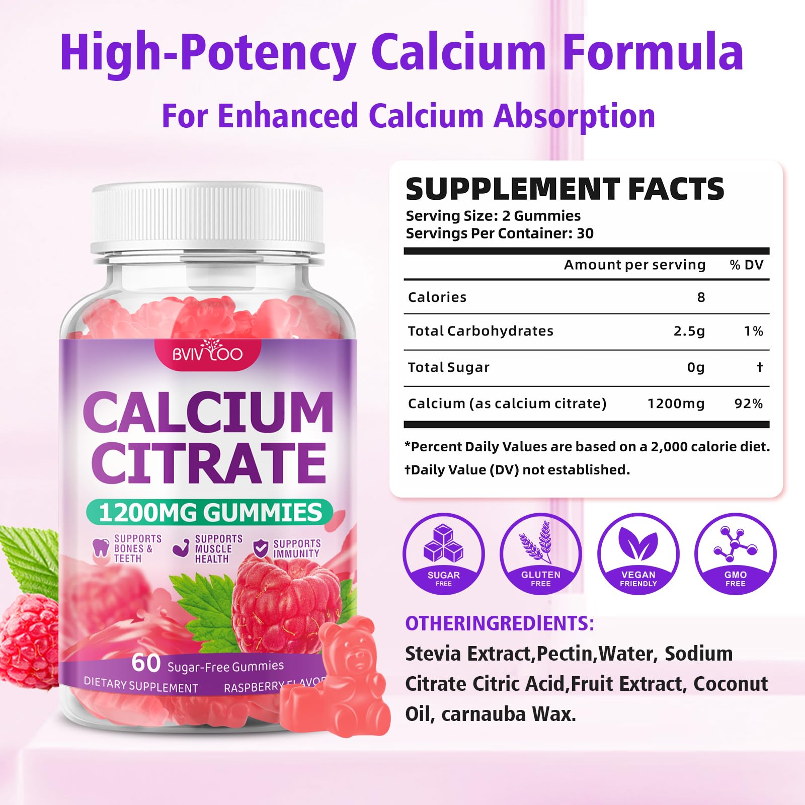 Close-up of BVIVLOO Calcium Citrate Gummies showing raspberry flavour