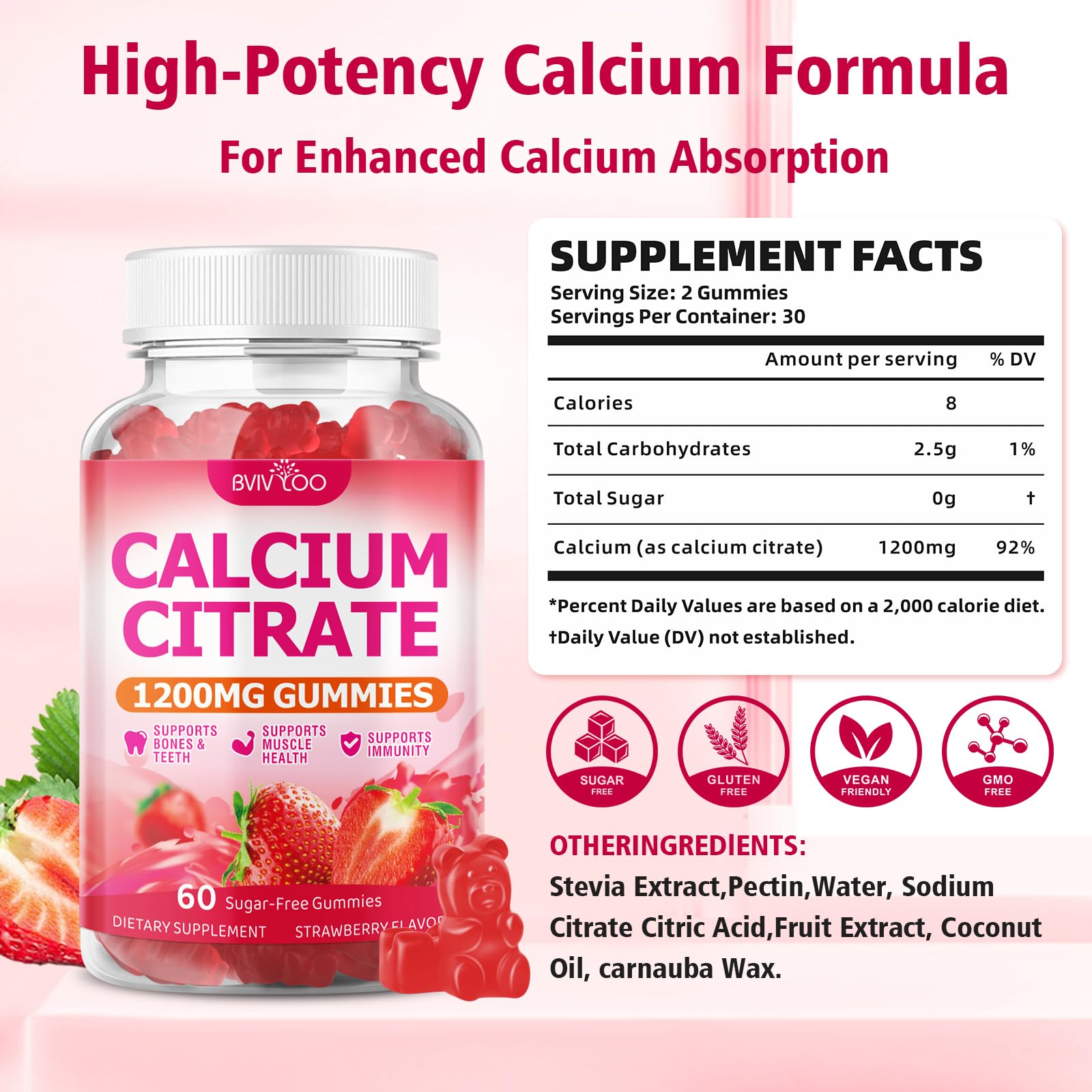 Close-up of BVIVLOO Calcium Citrate Gummies showing strawberry flavour