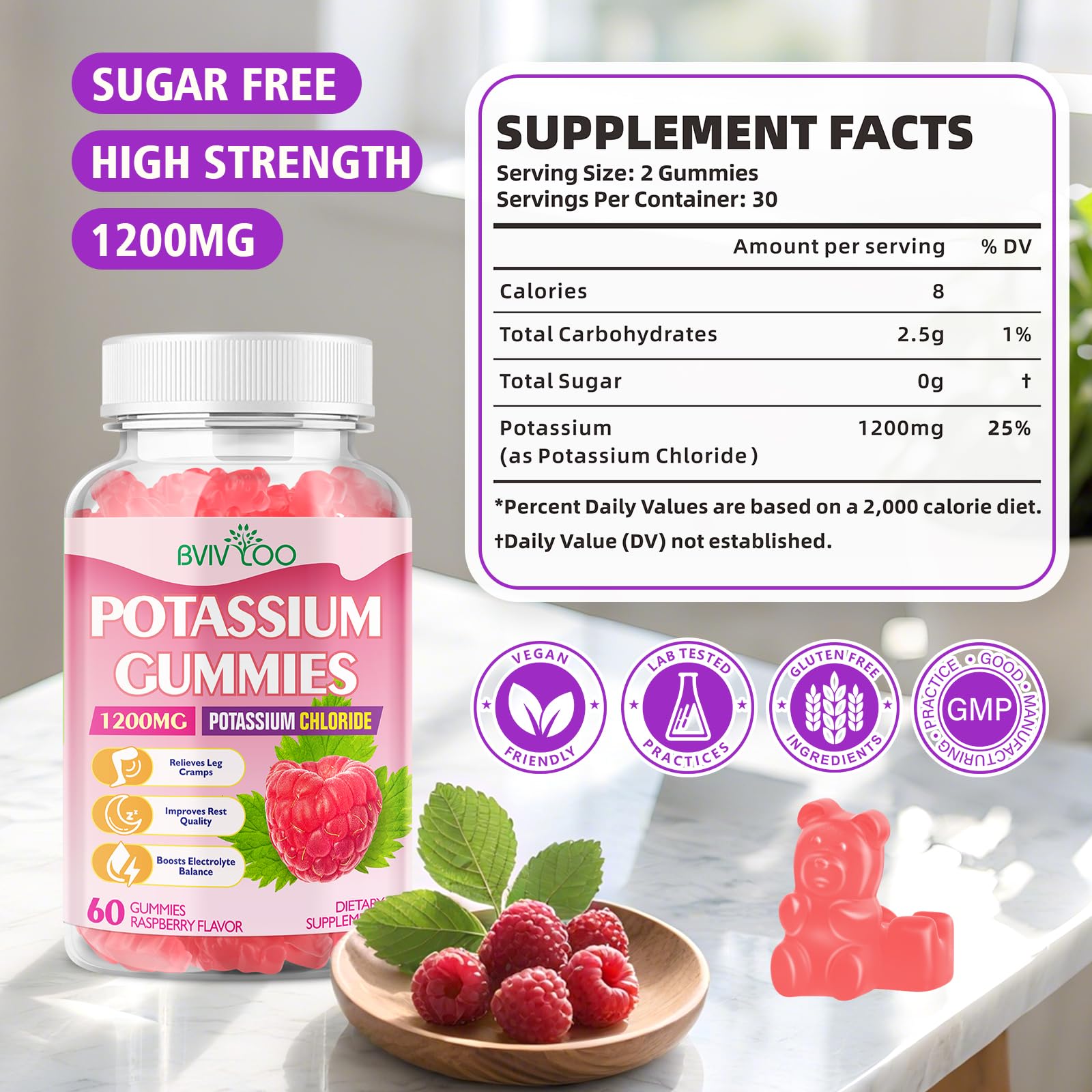 Close-up of BVIVLOO Potassium Chloride Gummies showing raspberry flavour