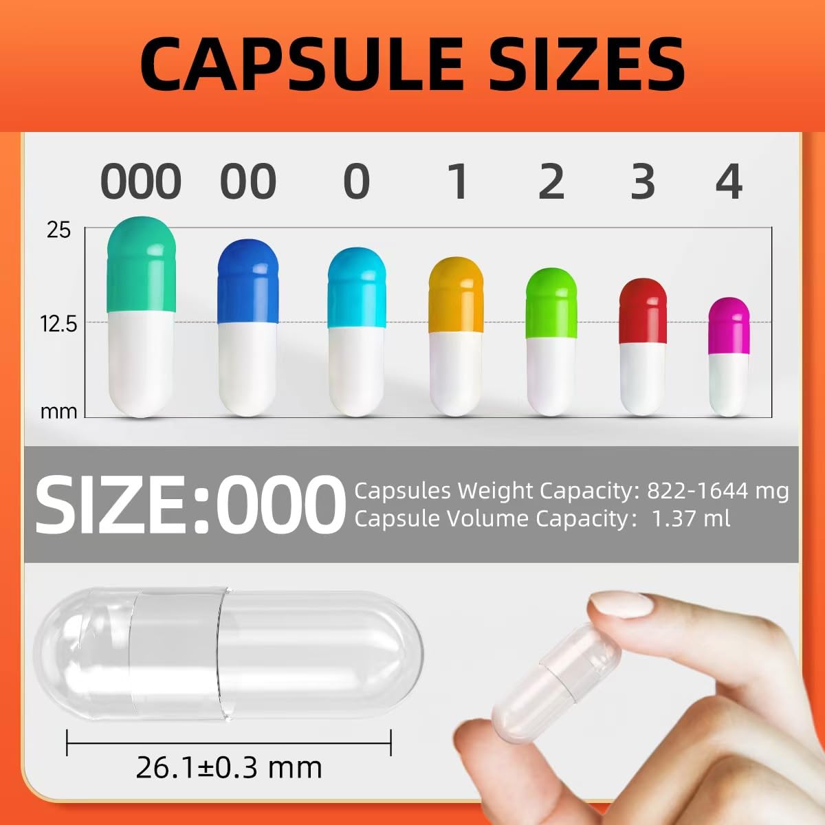Close-up of CAPSLogist Size 000 Vegan Empty Capsules