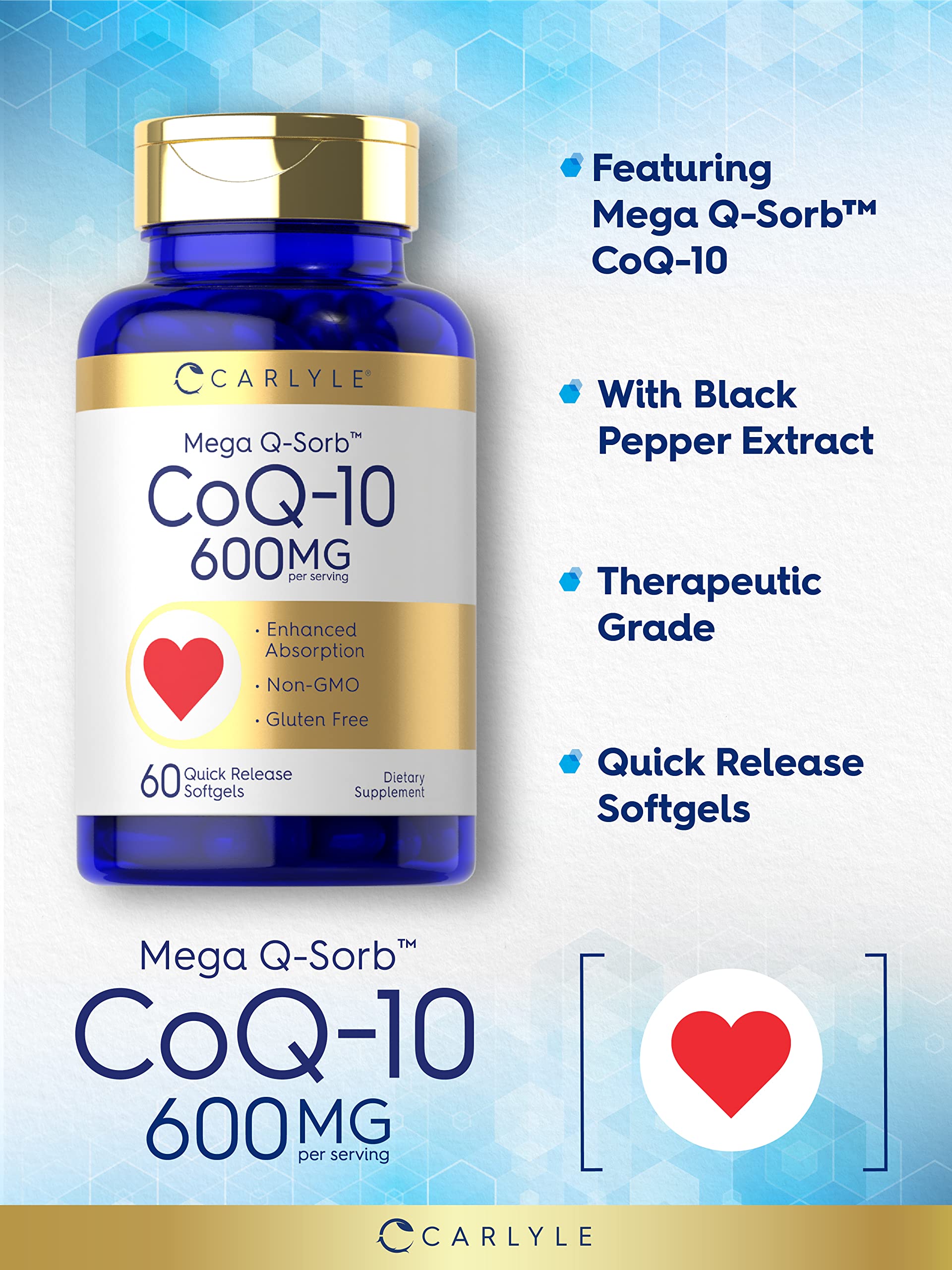 Close-up of Carlyle CoQ10 Mega Q-Sorb softgel