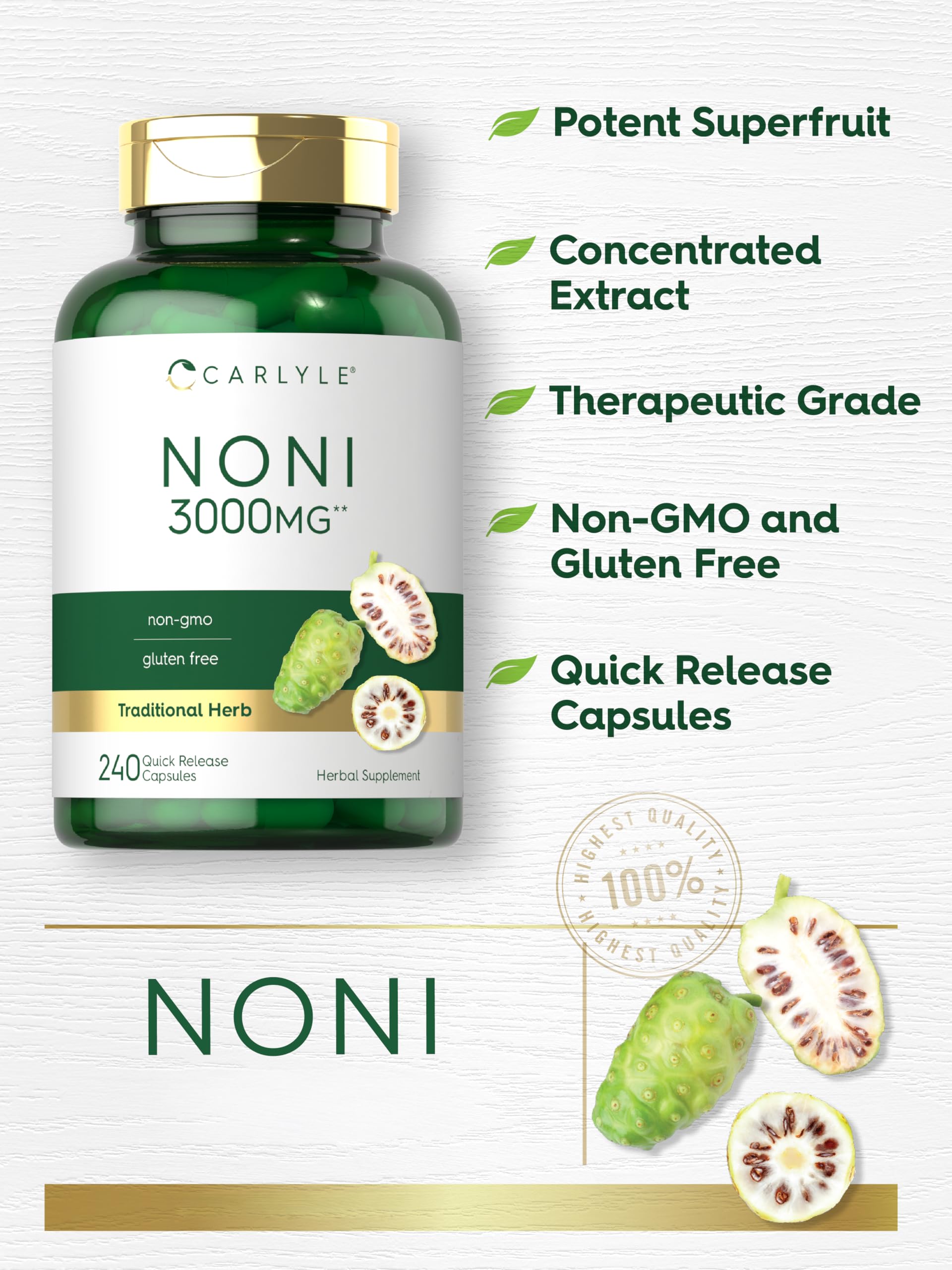 Close-up of Carlyle Noni capsules in hand