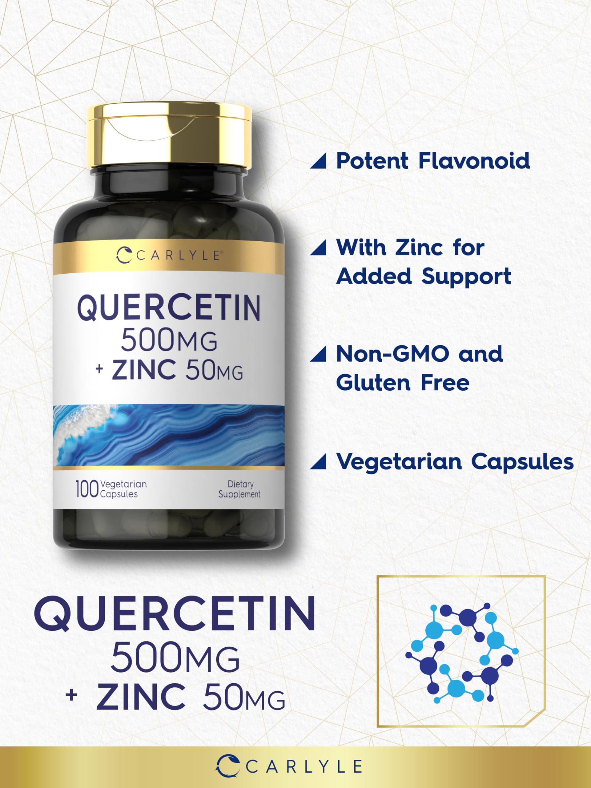 Close-up of Carlyle Quercetin 500mg capsules in hand