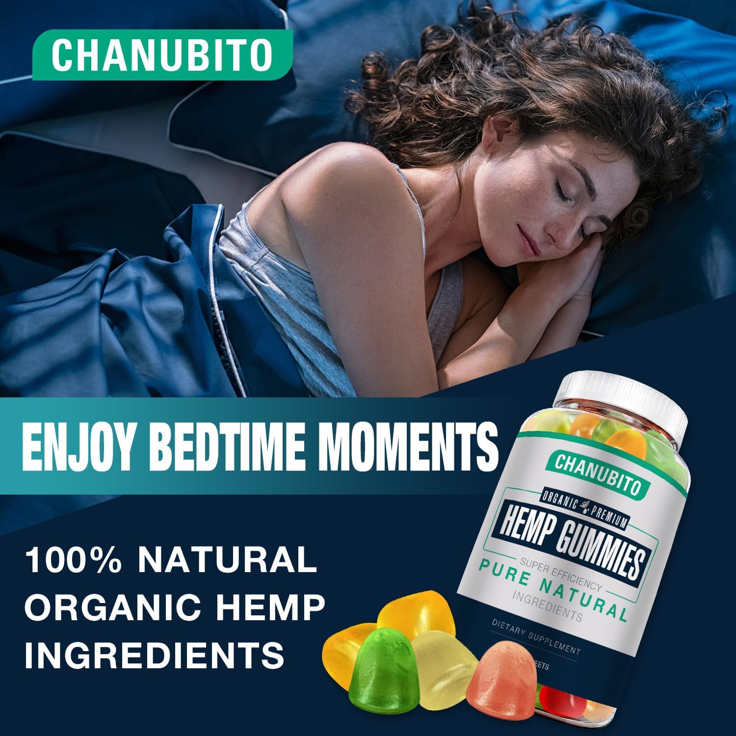 Close-up of CHANUBITO Organic Hemp Gummies showing texture