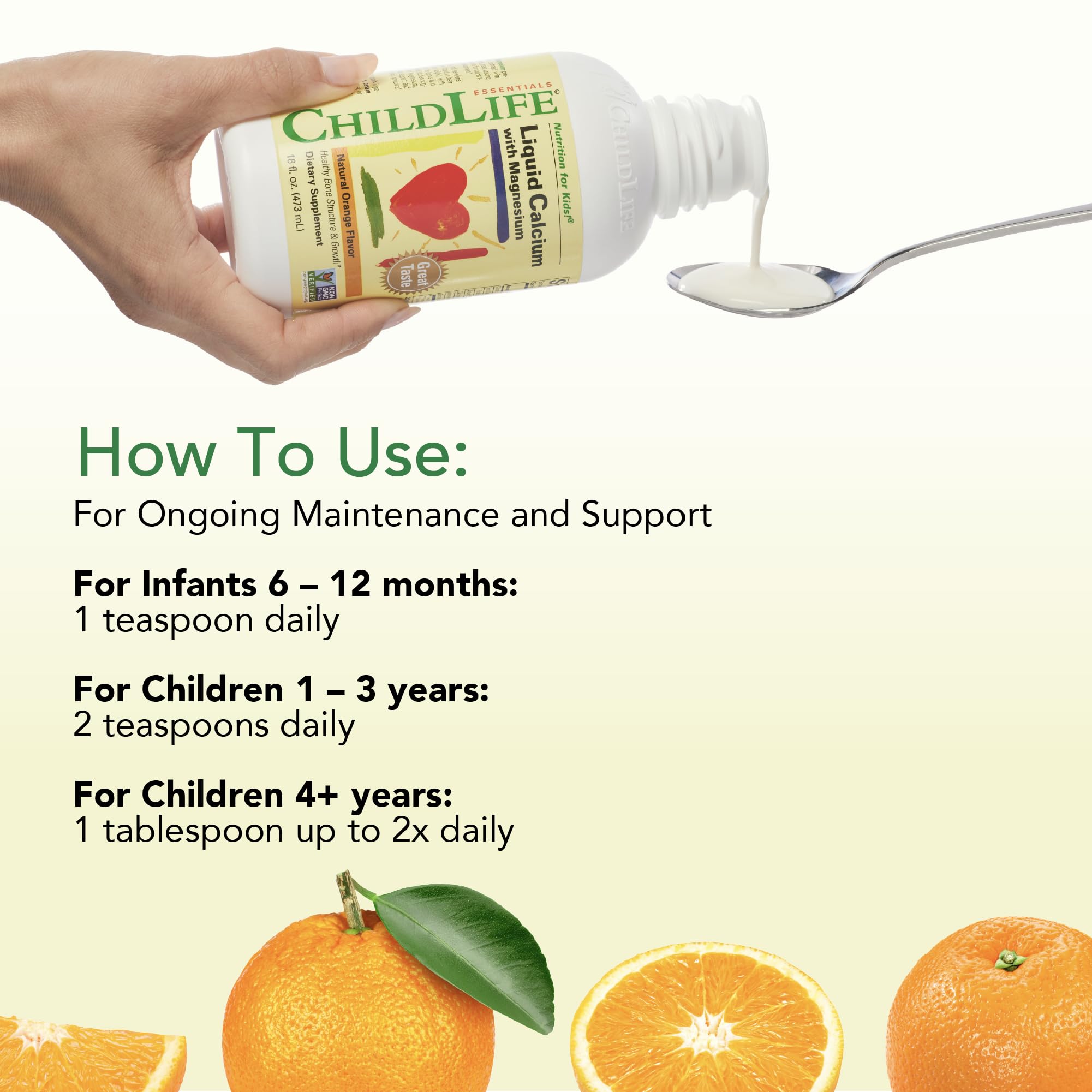 Close-up of CHILDLIFE ESSENTIALS Calcium Supplement bottle