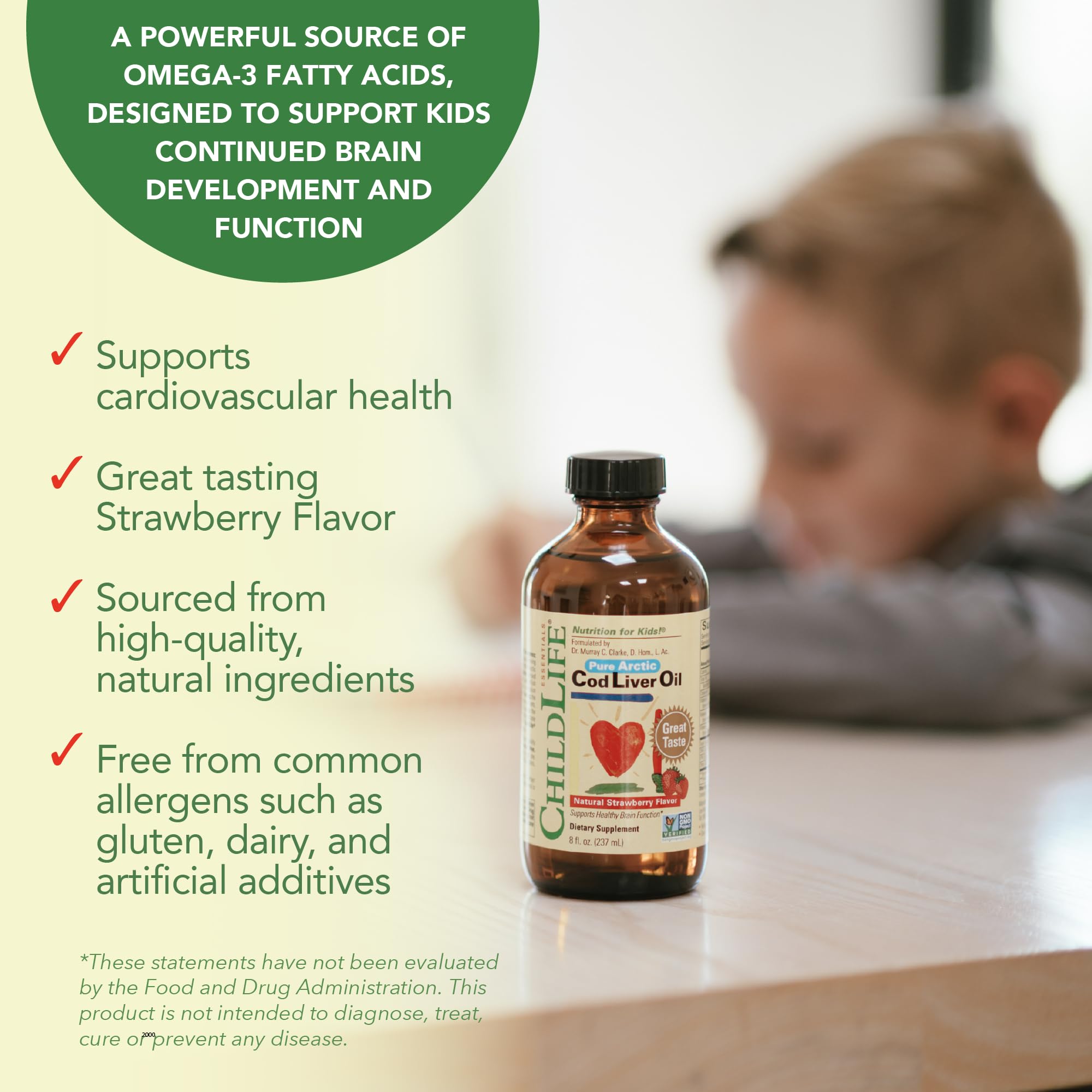 Close-up of CHILDLIFE ESSENTIALS Cod Liver Oil strawberry liquid