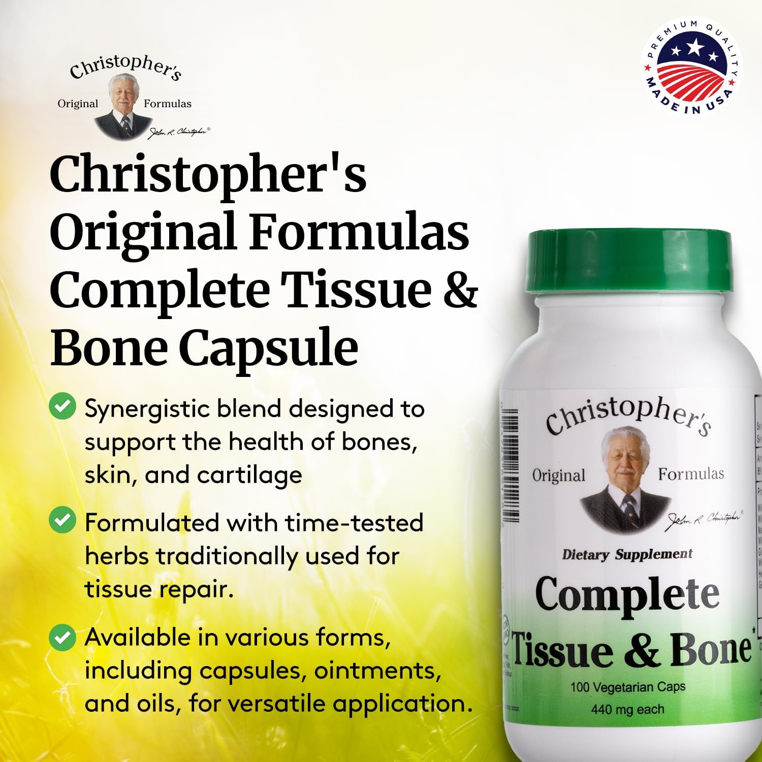 Close-up of Christopher's Complete Tissue & Bone Formula ingredients list