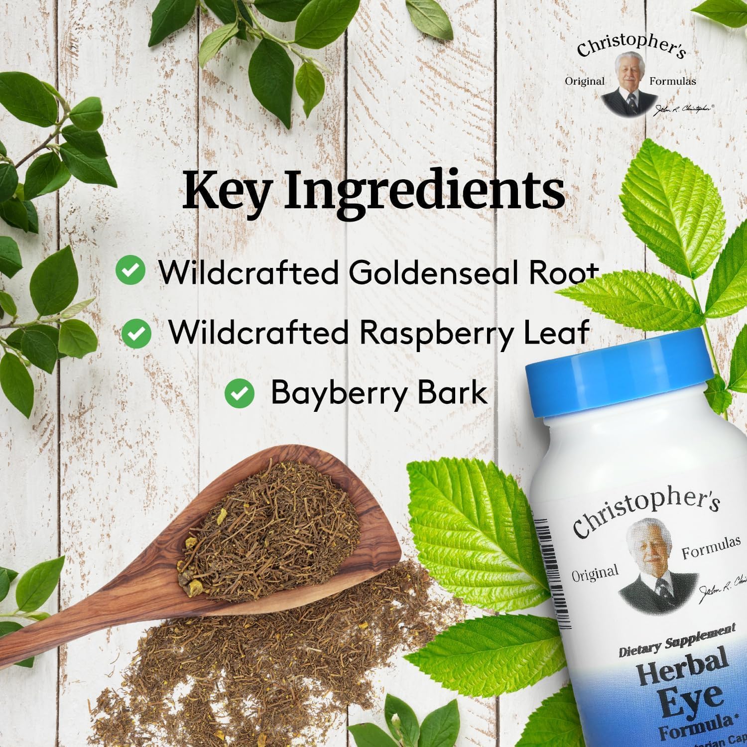 Close-up of Christopher's Herbal Eye Formula capsules