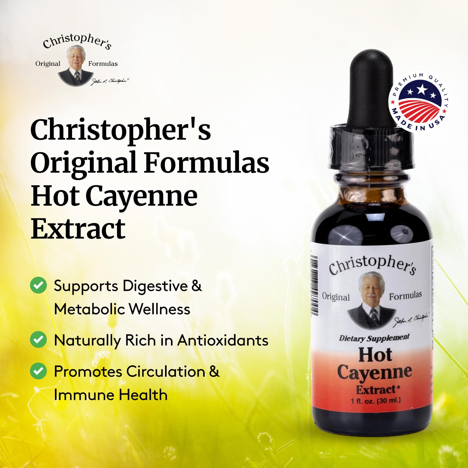 Close-up of Christopher's Hot Cayenne Extract liquid inside bottle
