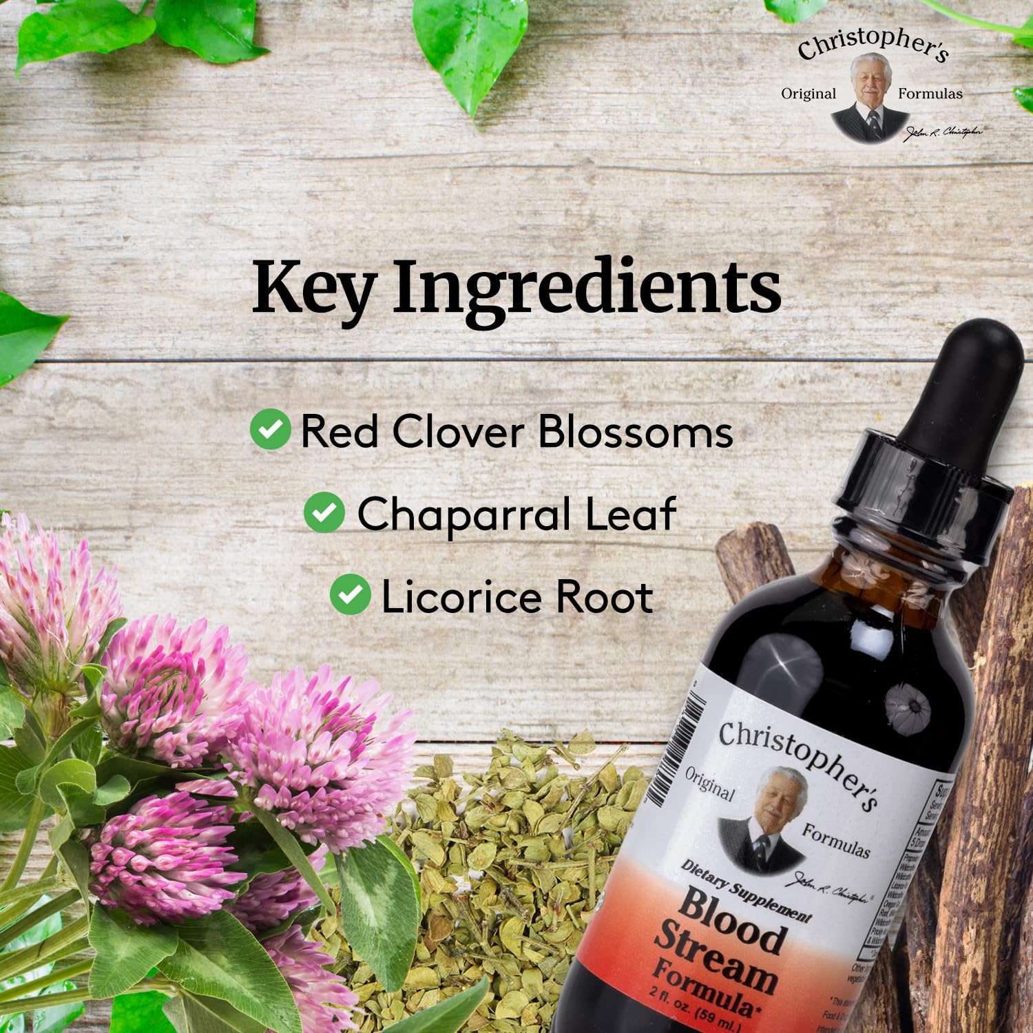 Close-up of Christopher's Original Formulas Blood Stream Formula ingredients list