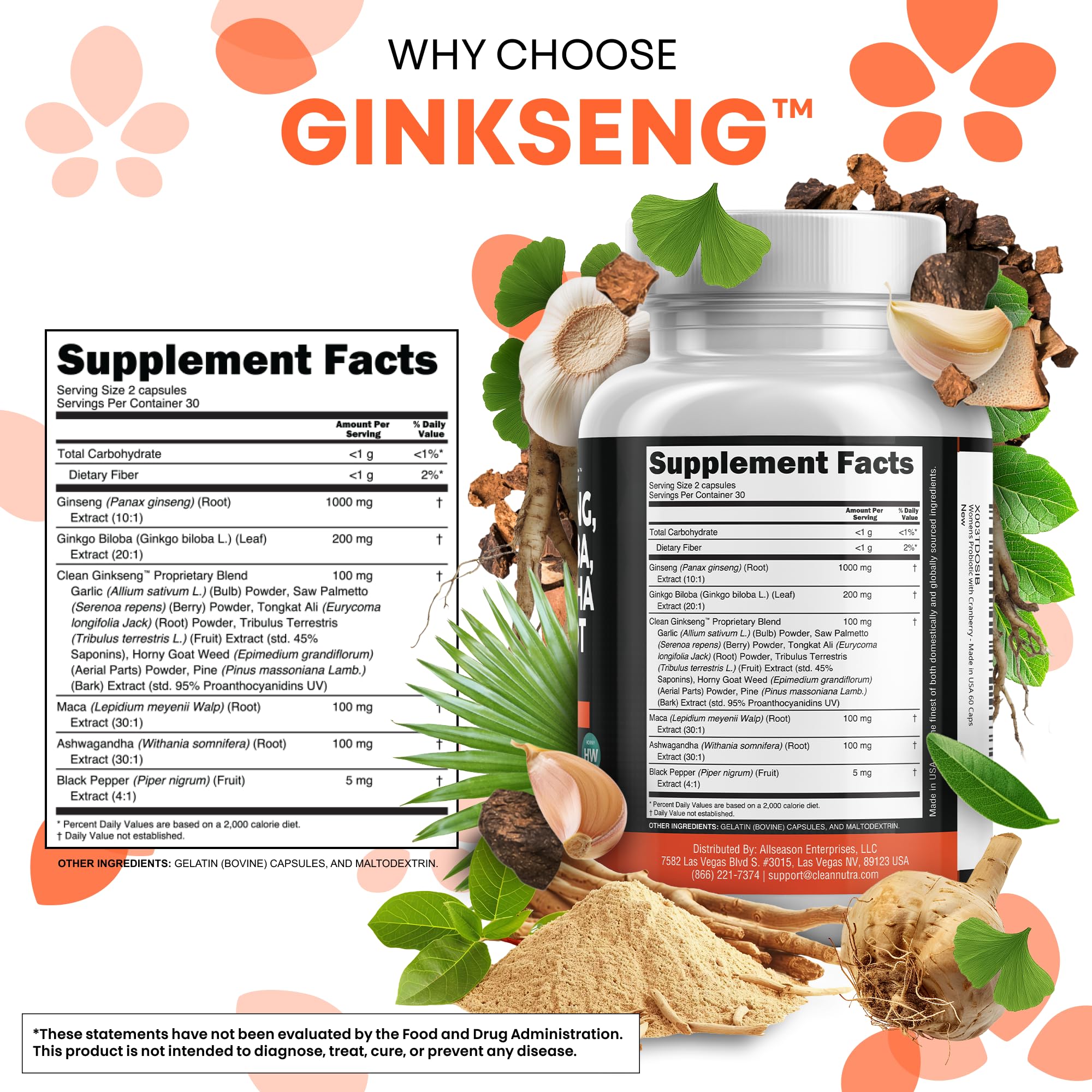 Close-up of Clean Nutraceuticals Ginkseng Blend capsules