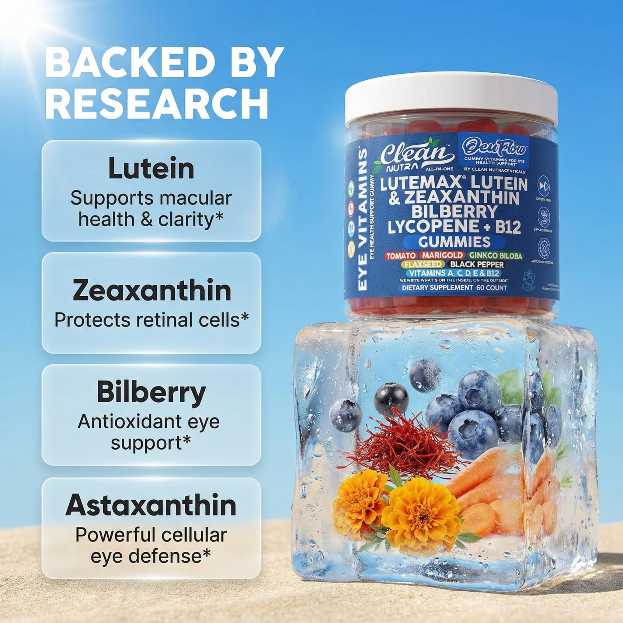 Close-up of Clean Nutraceuticals Lutein Gummies showing individual gummies