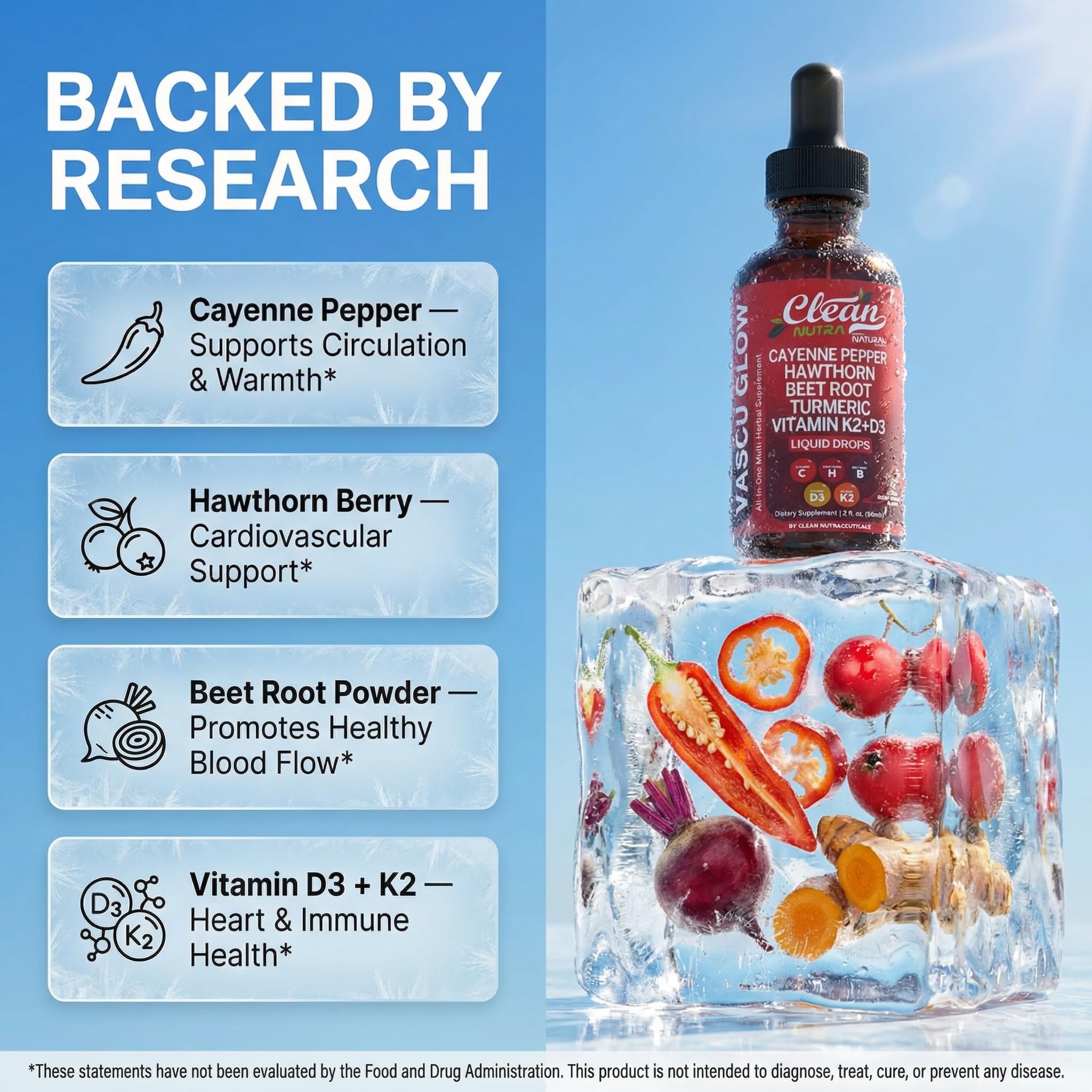 Close-up of Clean Nutraceuticals Vascu Glow Cayenne Pepper Liquid Drops dropper
