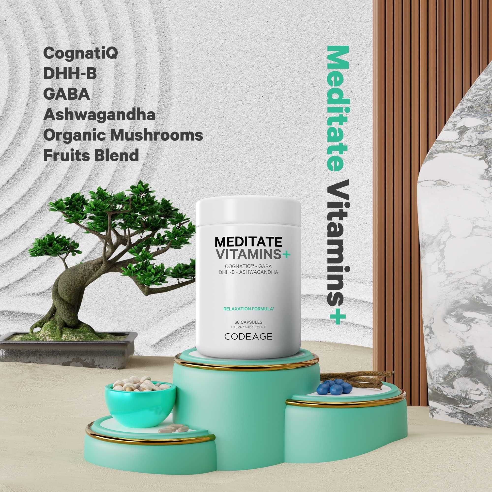 Close-up of Codeage Meditate Vitamins capsules on a wooden table