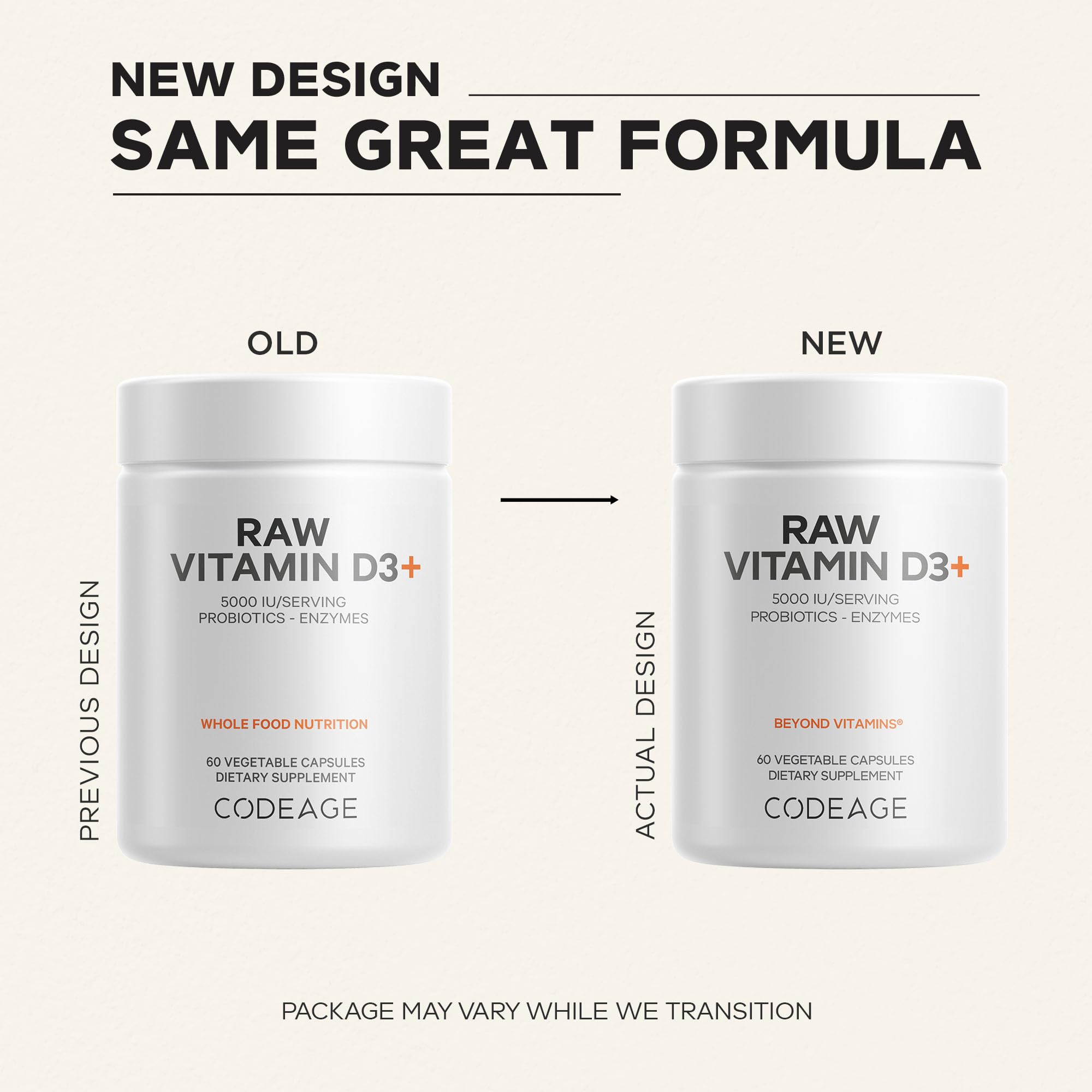 Close-up of Codeage Raw Vitamin D3 capsules on a wooden surface