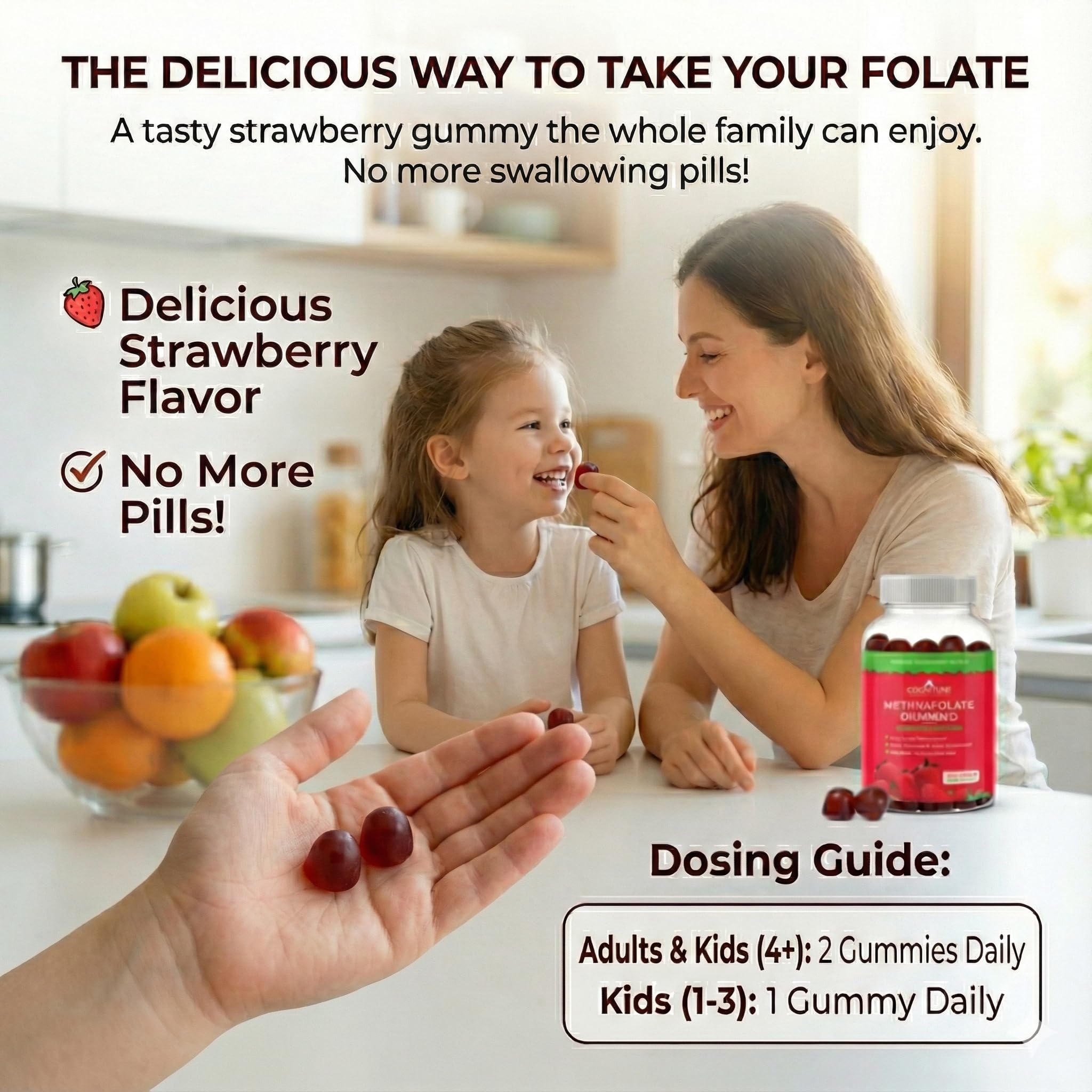 Close-up of CogniTune Methylfolate Gummies showing strawberry flavour