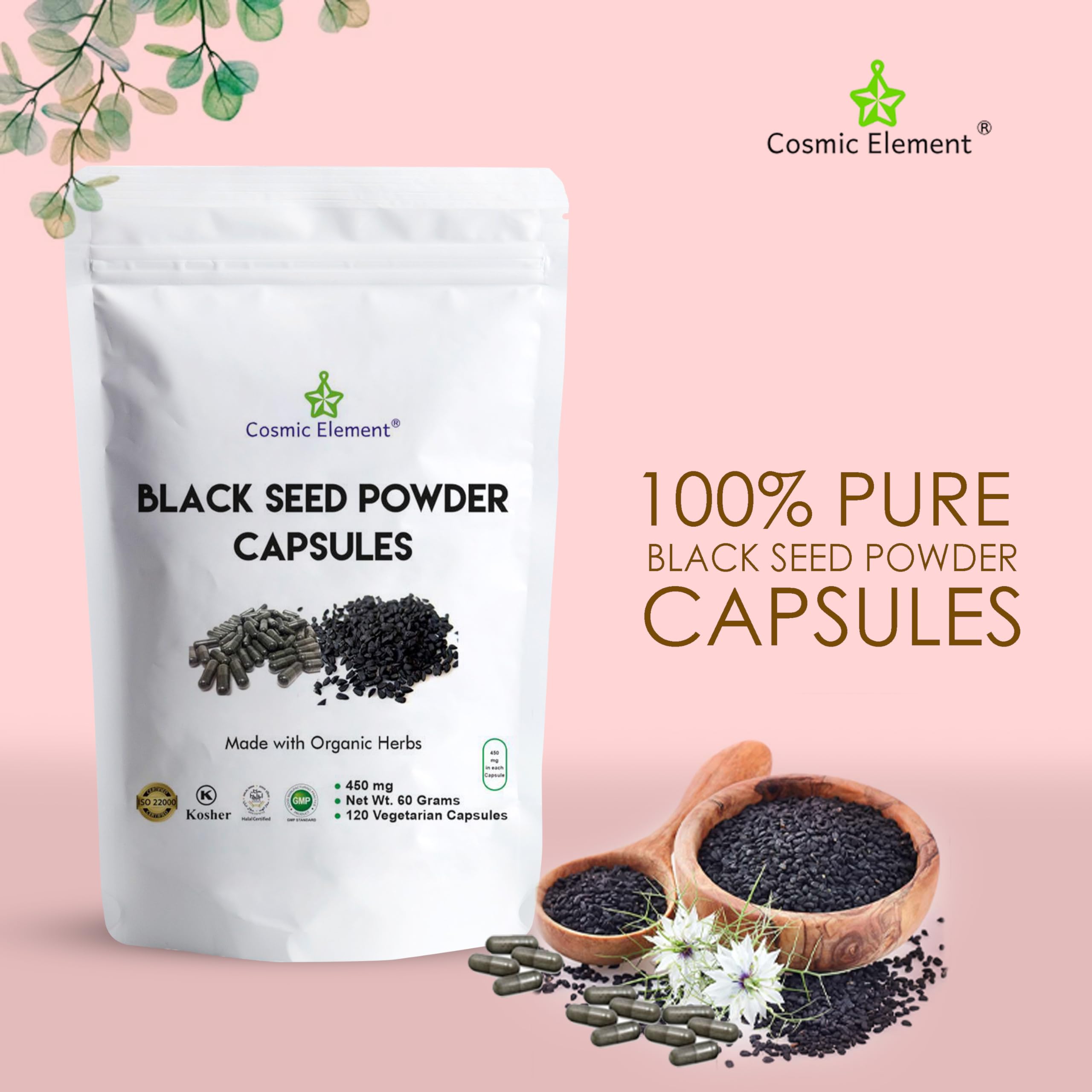 Close-up of Cosmic Element Black Seed Oil Capsules showing gelatin-free label