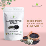 Close-up of Cosmic Element Black Seed Oil Capsules showing gelatin-free label