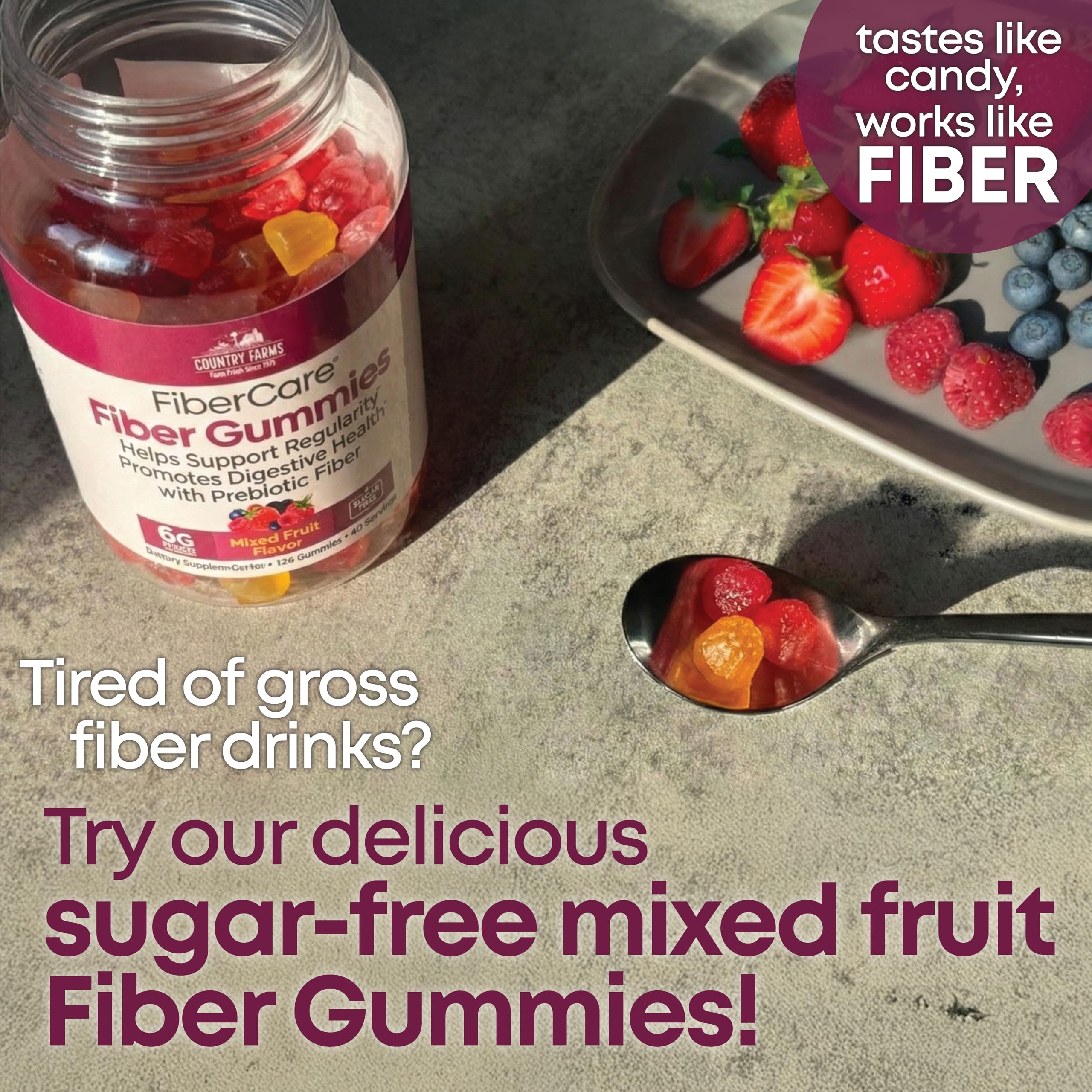 Close-up of Country Farms Fiber Care Prebiotic Gummies showing texture
